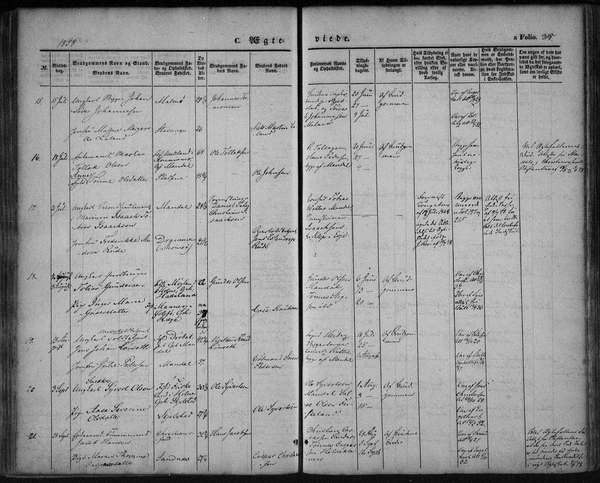 Mandal sokneprestkontor, AV/SAK-1111-0030/F/Fa/Faa/L0013: Ministerialbok nr. A 13, 1847-1859, s. 315