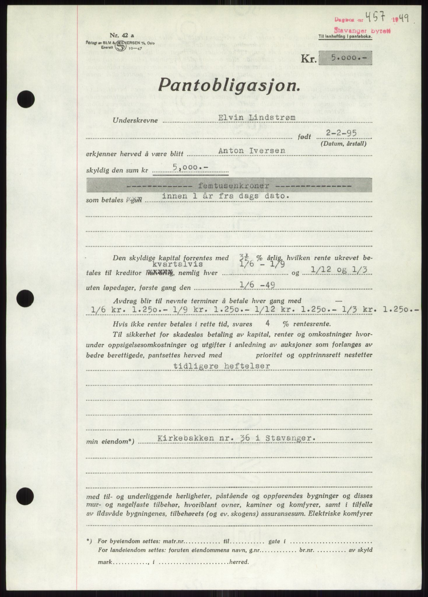 Stavanger byrett, SAST/A-100455/002/G/Gb/L0032: Pantebok, 1947-1950, Dagboknr: 457/1949