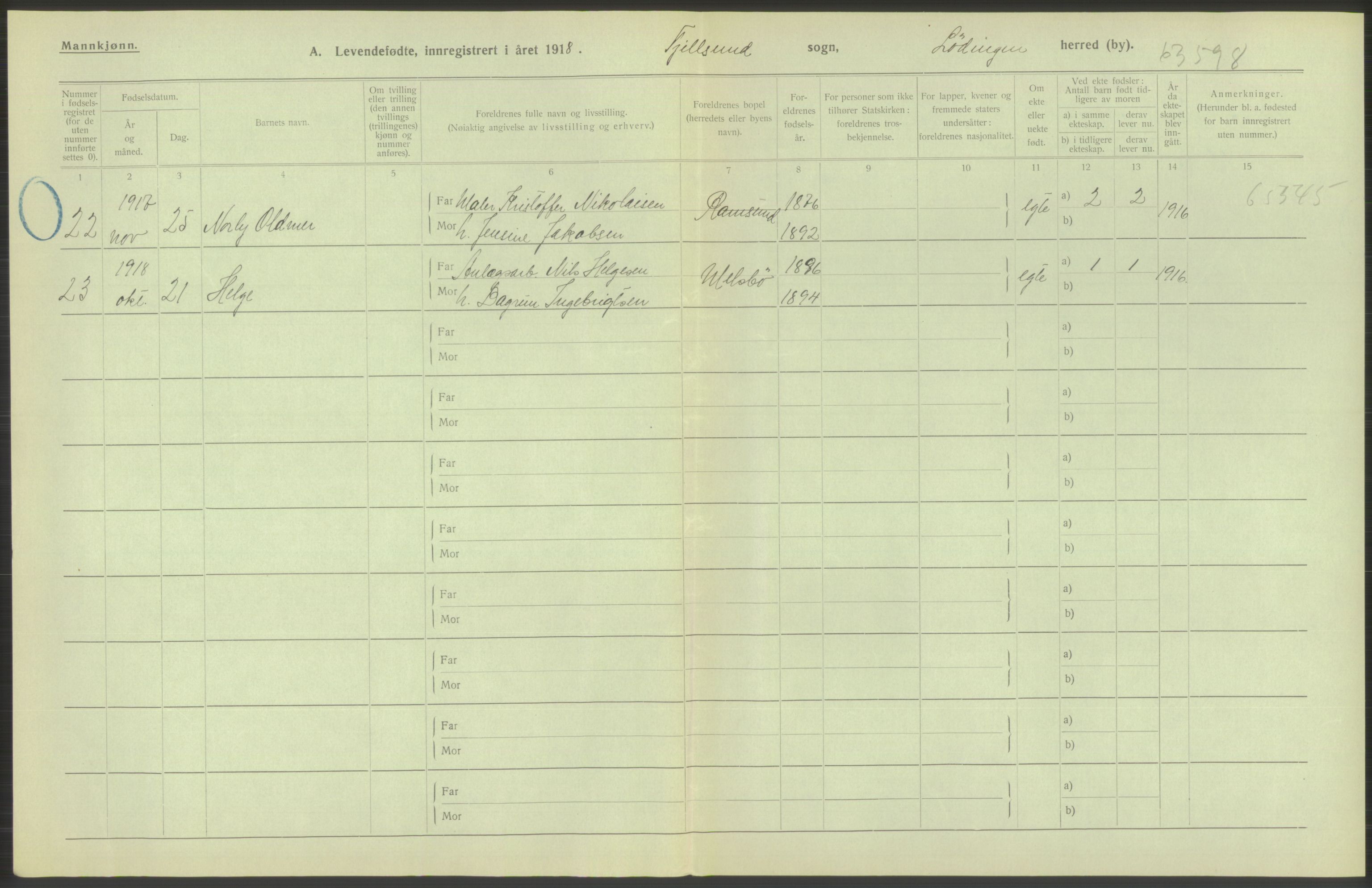 Statistisk sentralbyrå, Sosiodemografiske emner, Befolkning, AV/RA-S-2228/D/Df/Dfb/Dfbh/L0052: Nordland fylke: Levendefødte menn og kvinner. Bygder., 1918, s. 416