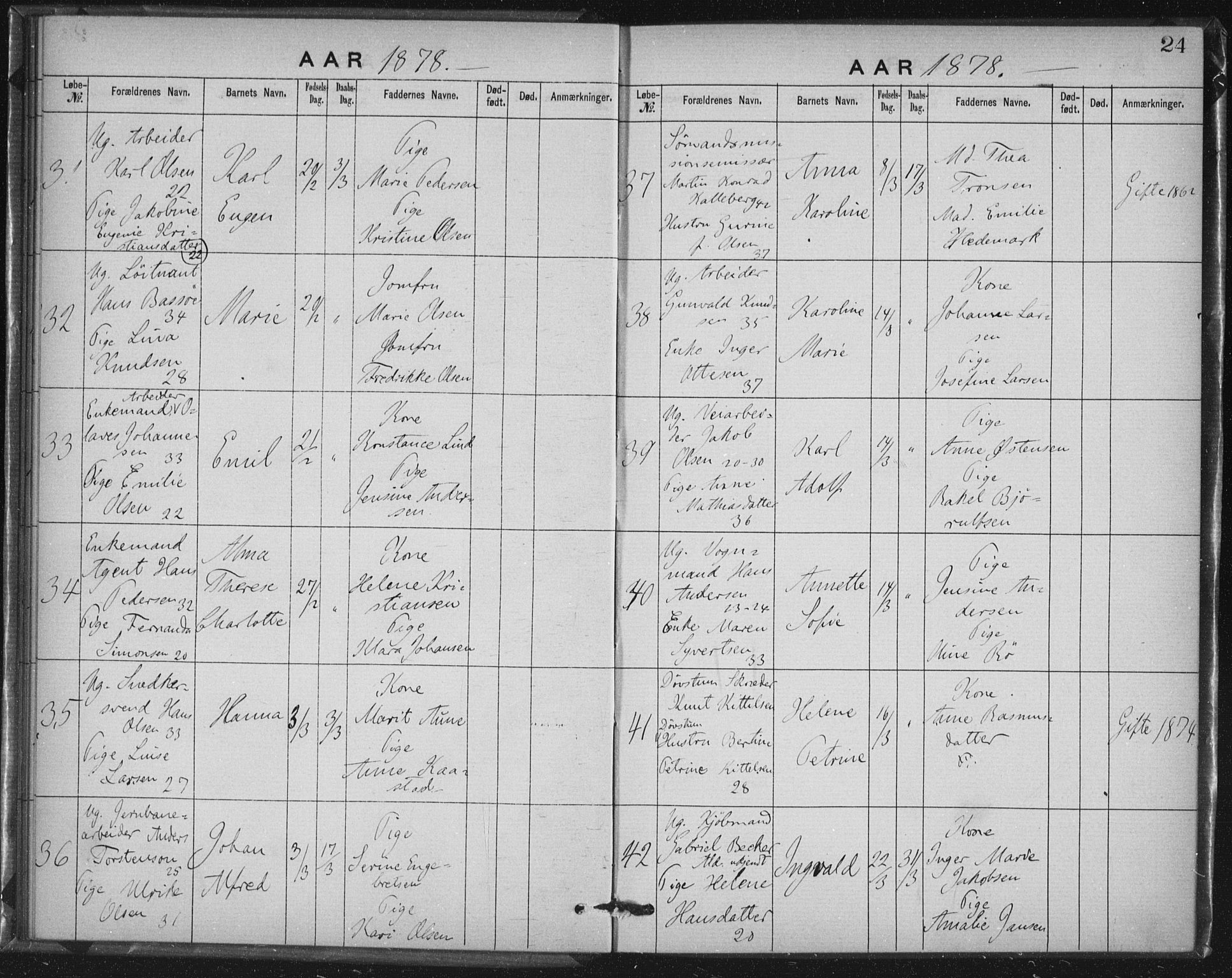 Rikshospitalet prestekontor Kirkebøker, AV/SAO-A-10309b/K/L0003/0001: Dåpsbok nr. 3.1, 1877-1884, s. 24