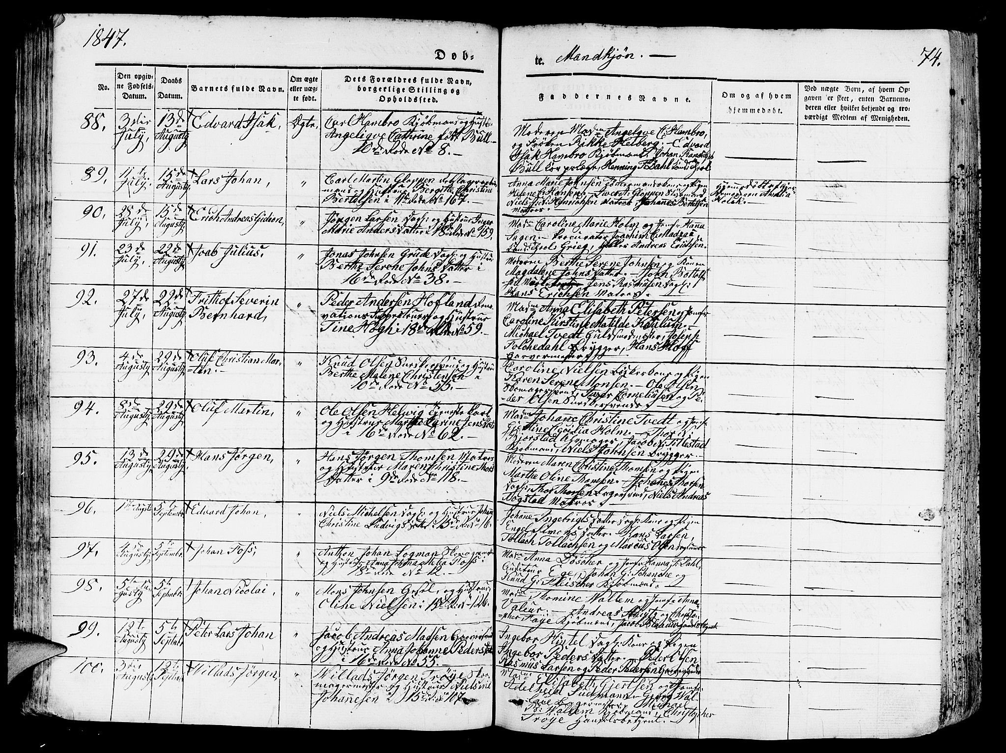 Domkirken sokneprestembete, AV/SAB-A-74801/H/Hab/L0009: Klokkerbok nr. B 2, 1842-1849, s. 74