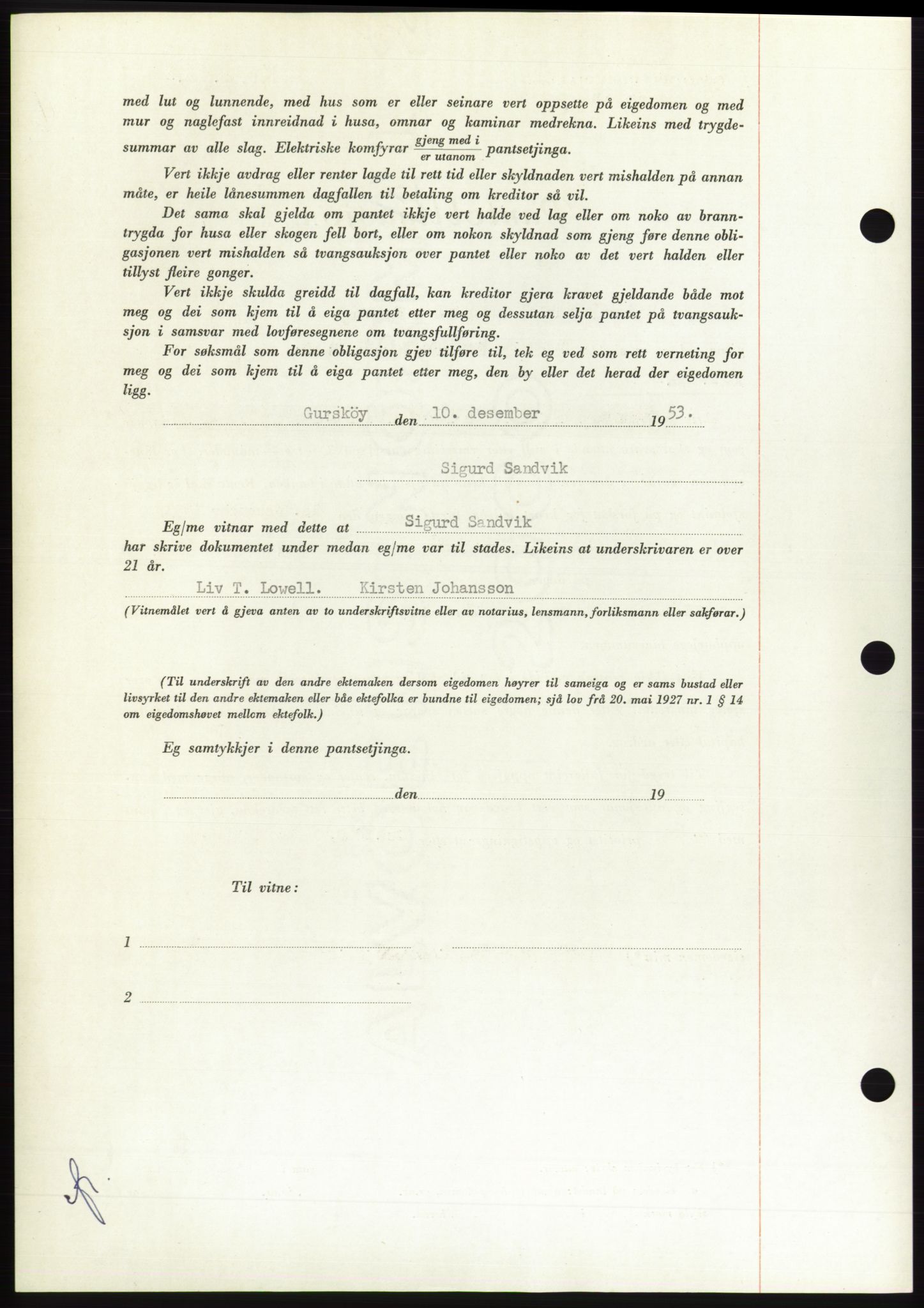 Søre Sunnmøre sorenskriveri, AV/SAT-A-4122/1/2/2C/L0124: Pantebok nr. 12B, 1953-1954, Dagboknr: 3167/1953