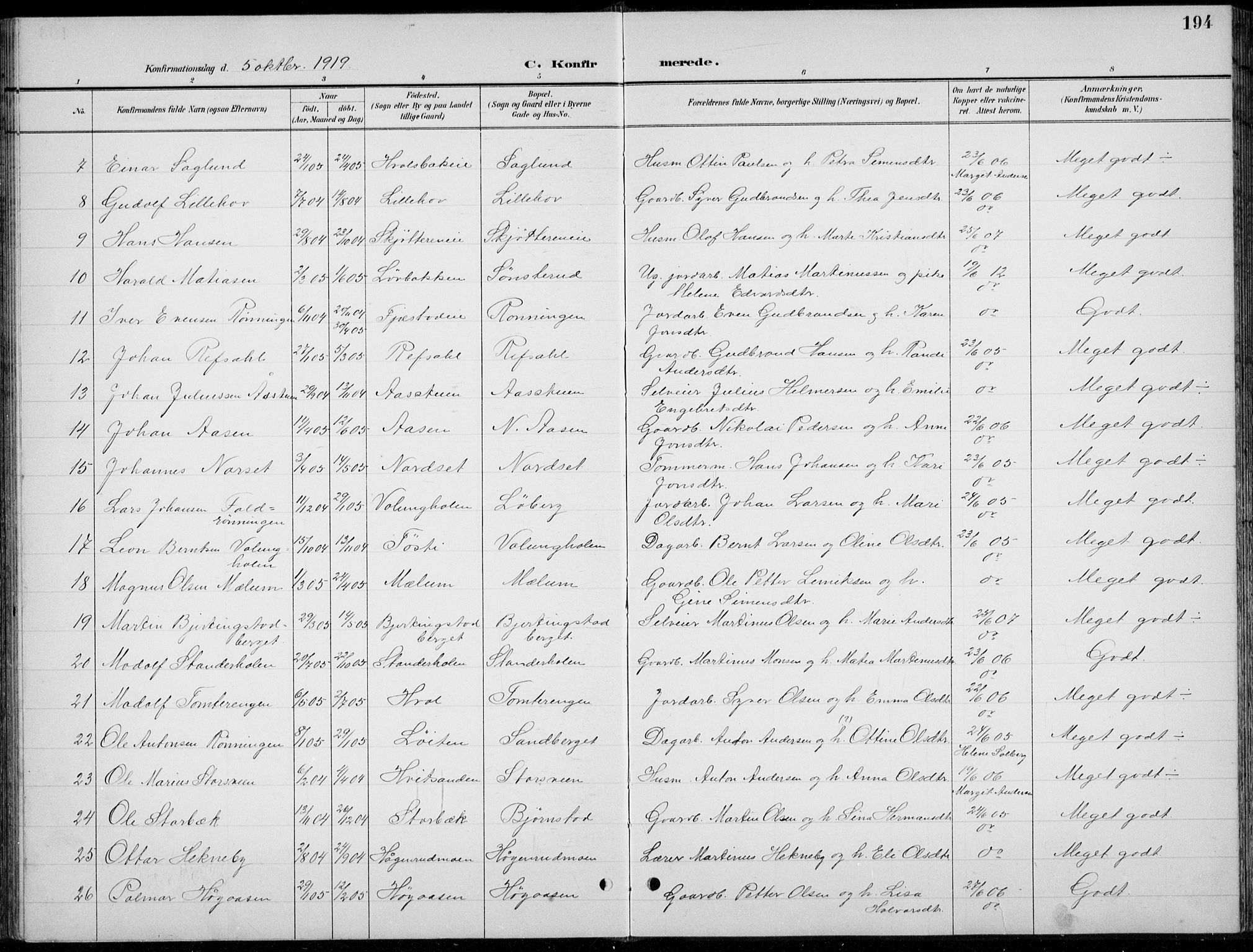 Romedal prestekontor, AV/SAH-PREST-004/L/L0013: Klokkerbok nr. 13, 1896-1937, s. 194
