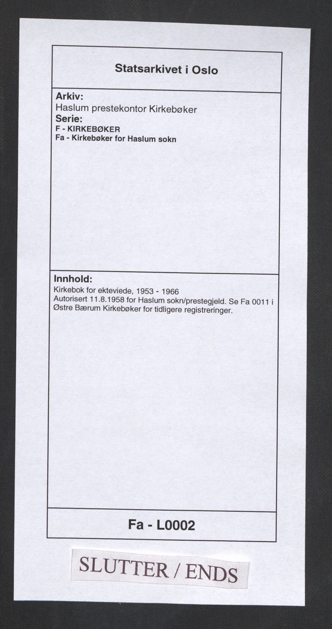 Haslum prestekontor Kirkebøker, AV/SAO-A-10380a/F/Fa/L0002: Ministerialbok nr. 2, 1953-1966