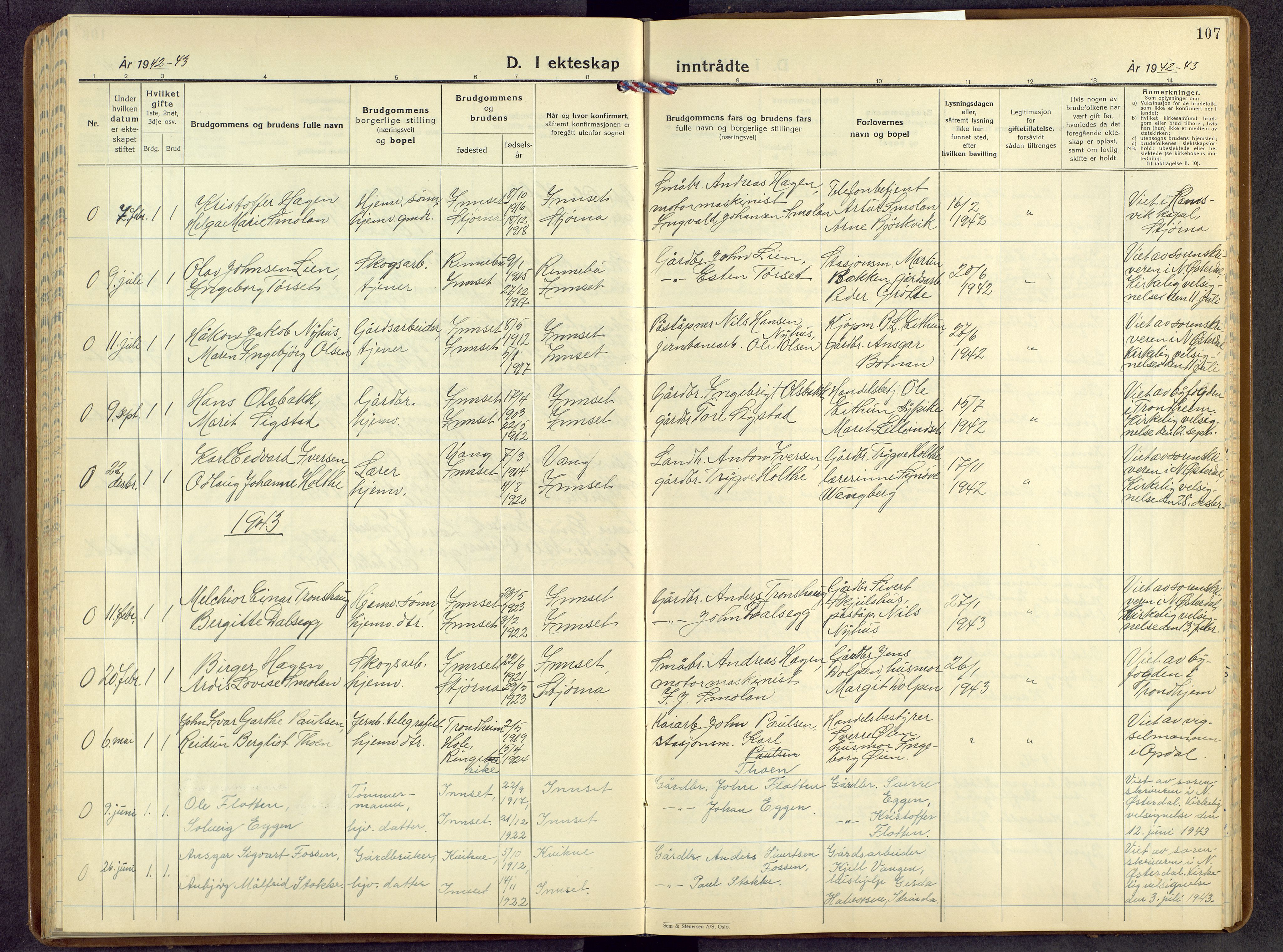 Kvikne prestekontor, AV/SAH-PREST-064/H/Ha/Hab/L0007: Klokkerbok nr. 7, 1938-1965, s. 107