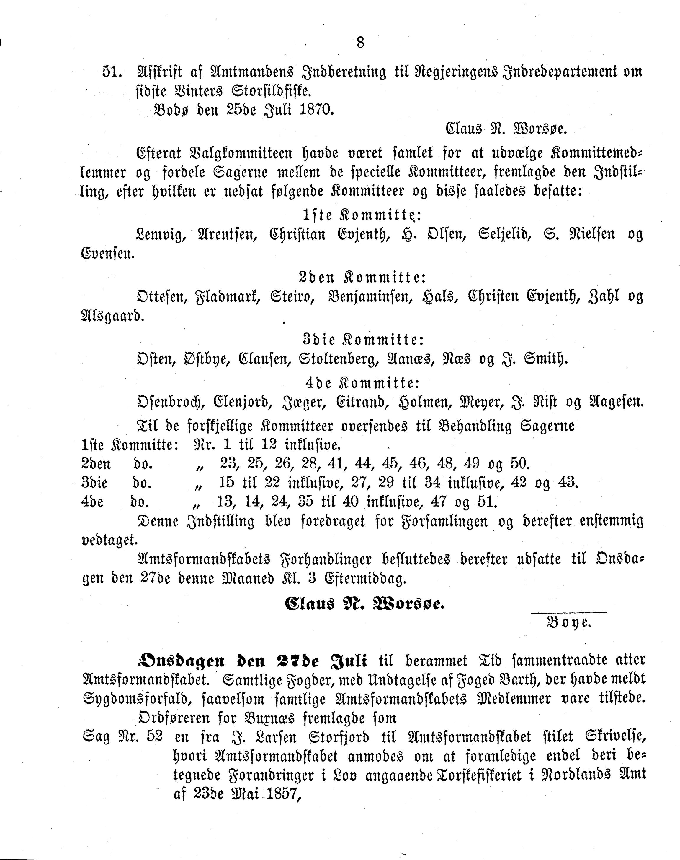 Nordland Fylkeskommune. Fylkestinget, AIN/NFK-17/176/A/Ac/L0006: Fylkestingsforhandlinger 1870, 1870