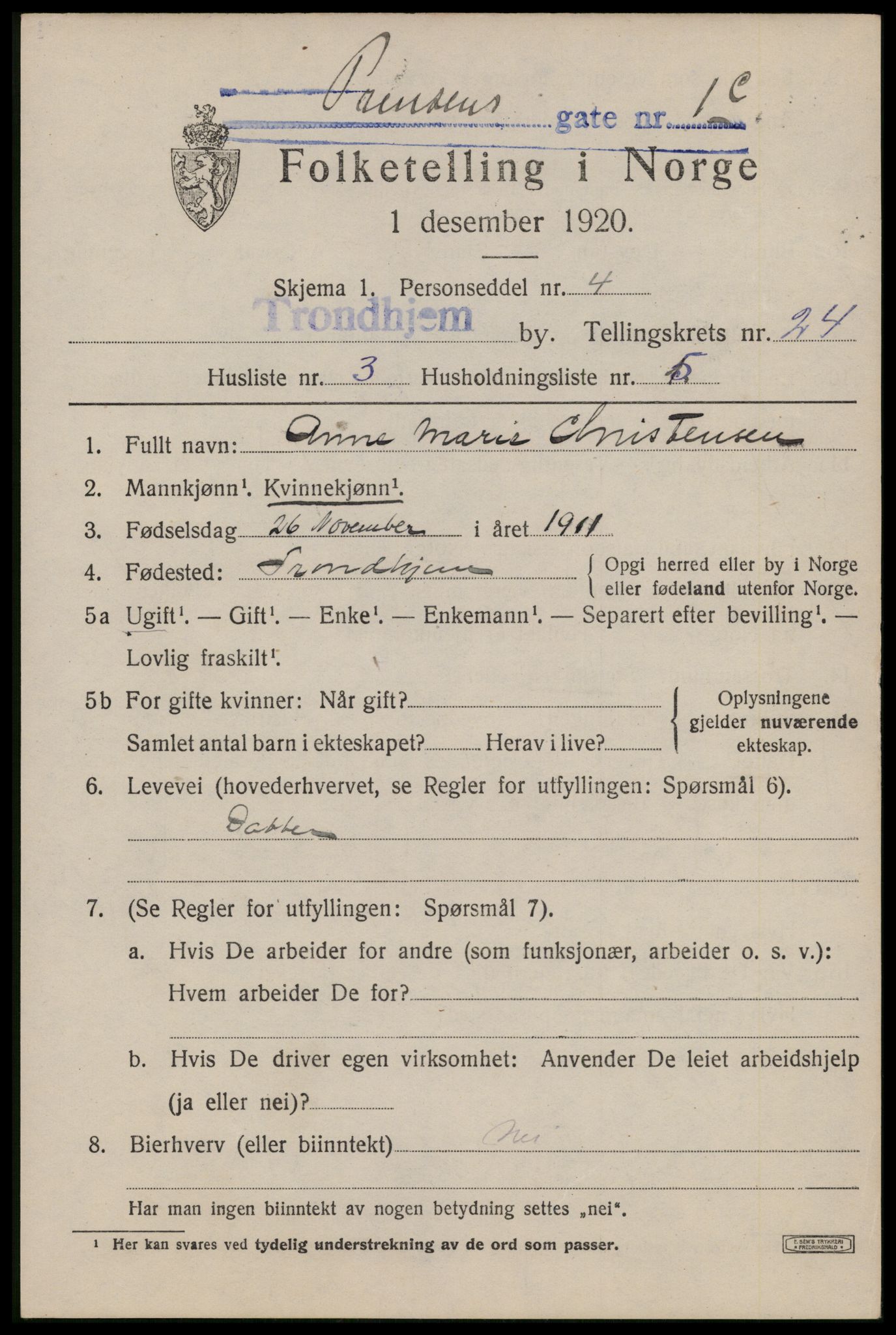 SAT, Folketelling 1920 for 1601 Trondheim kjøpstad, 1920, s. 64254
