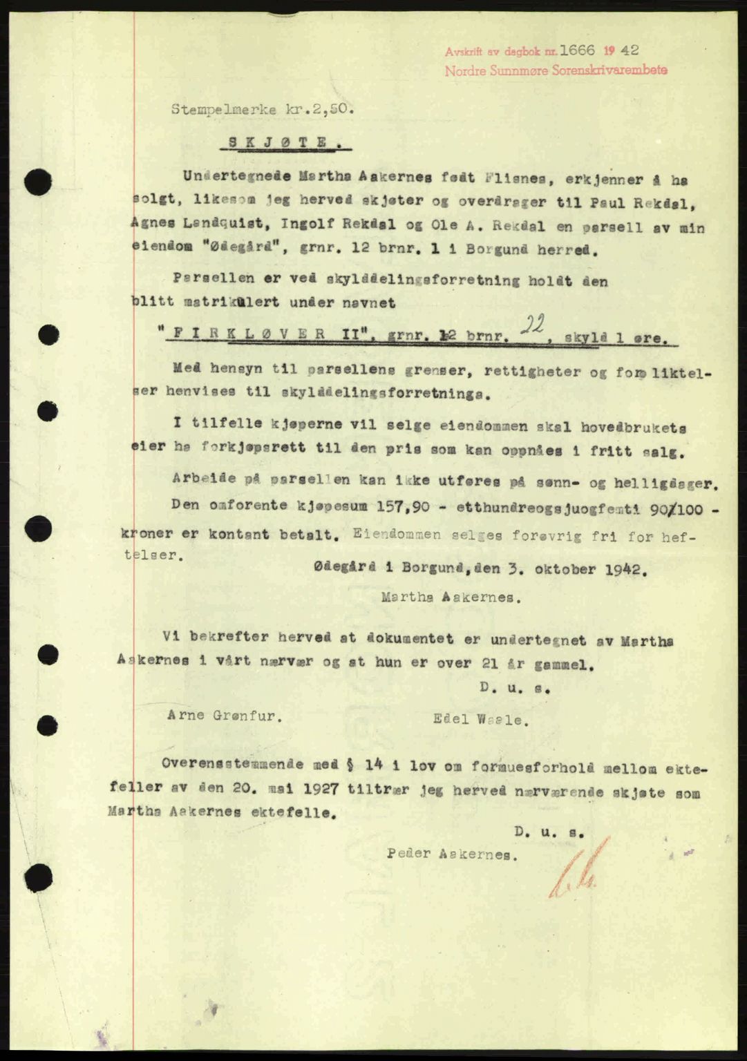 Nordre Sunnmøre sorenskriveri, SAT/A-0006/1/2/2C/2Ca: Pantebok nr. A14, 1942-1942, Dagboknr: 1666/1942