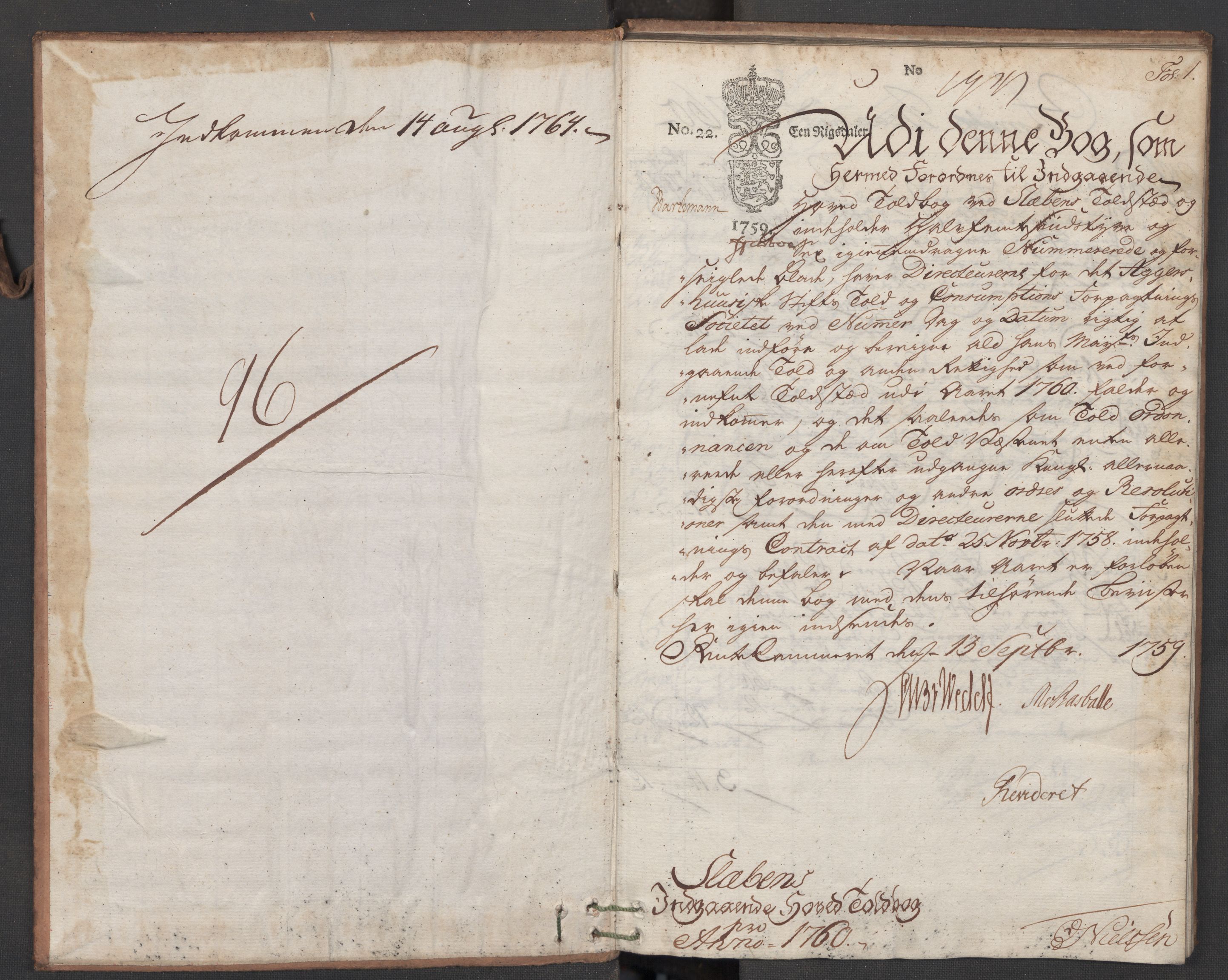 Generaltollkammeret, tollregnskaper, RA/EA-5490/R06/L0054b/0001: Tollregnskaper Kristiania / Inngående hovedtollbok Slependen, 1760