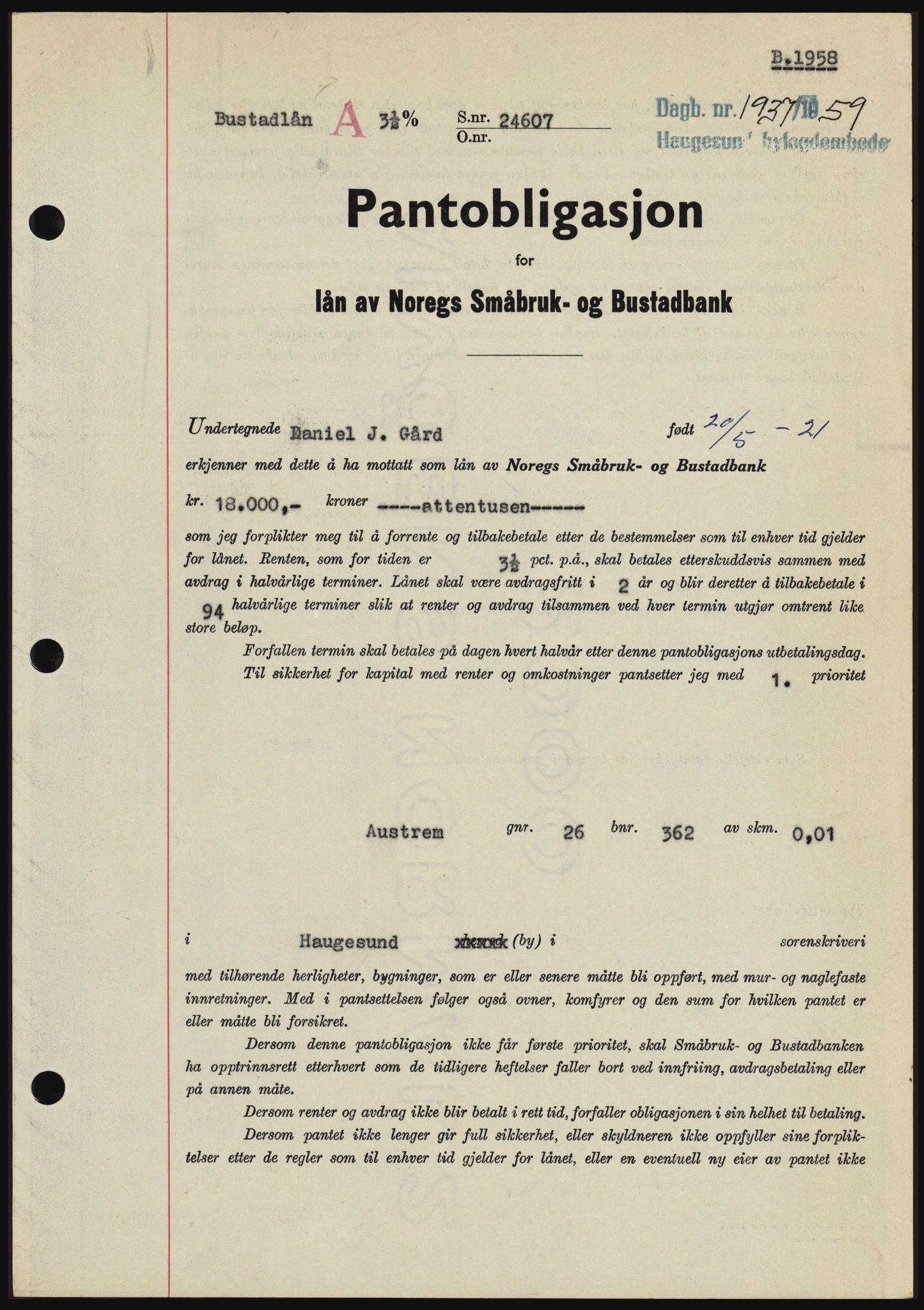 Haugesund tingrett, SAST/A-101415/01/II/IIC/L0045: Pantebok nr. B 45, 1959-1959, Dagboknr: 1937/1959