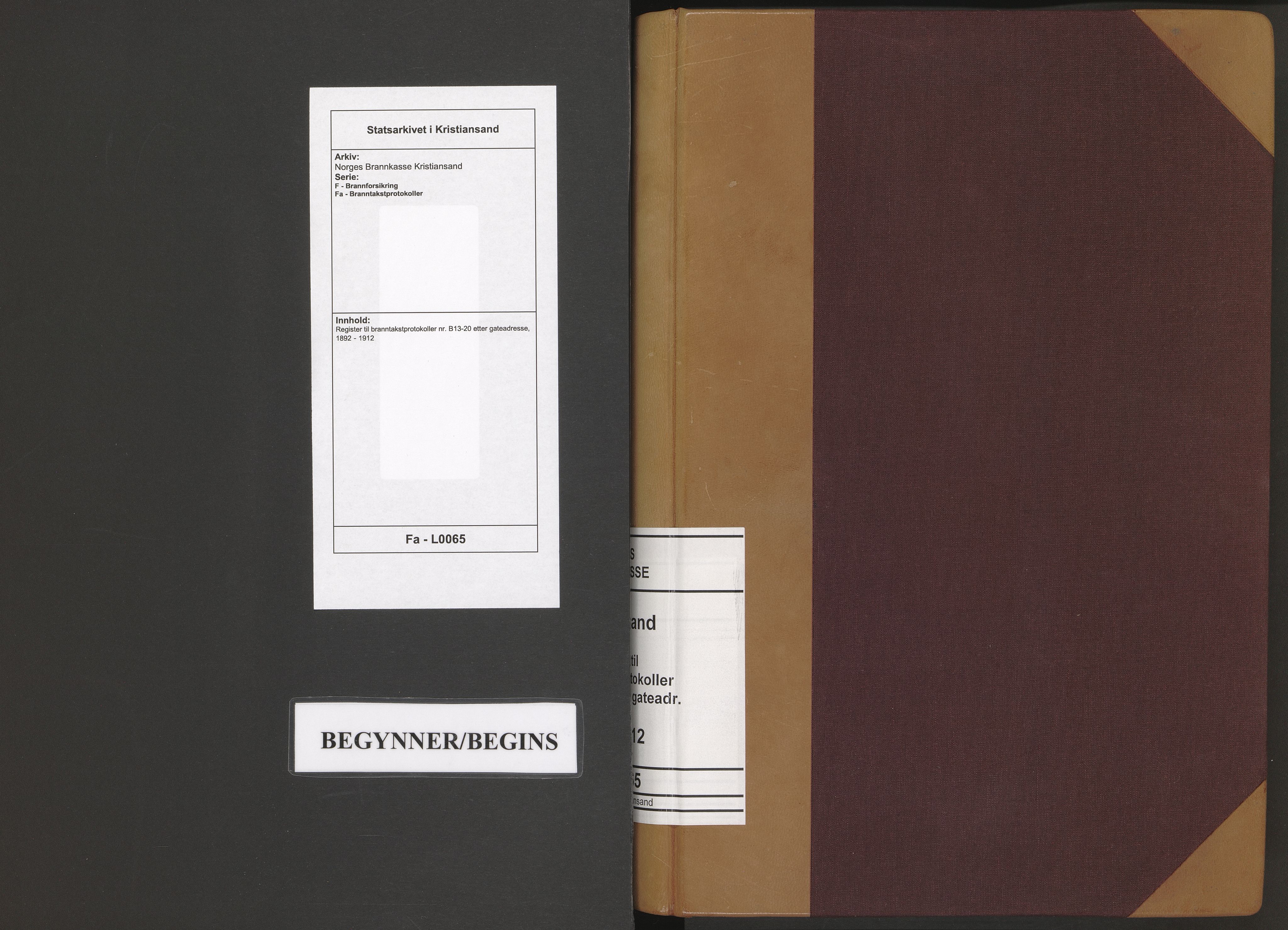 Norges Brannkasse Kristiansand, SAK/2241-0030/F/Fa/L0065: Register til branntakstprotokoller nr. B13-20 etter gateadresse, 1892-1912