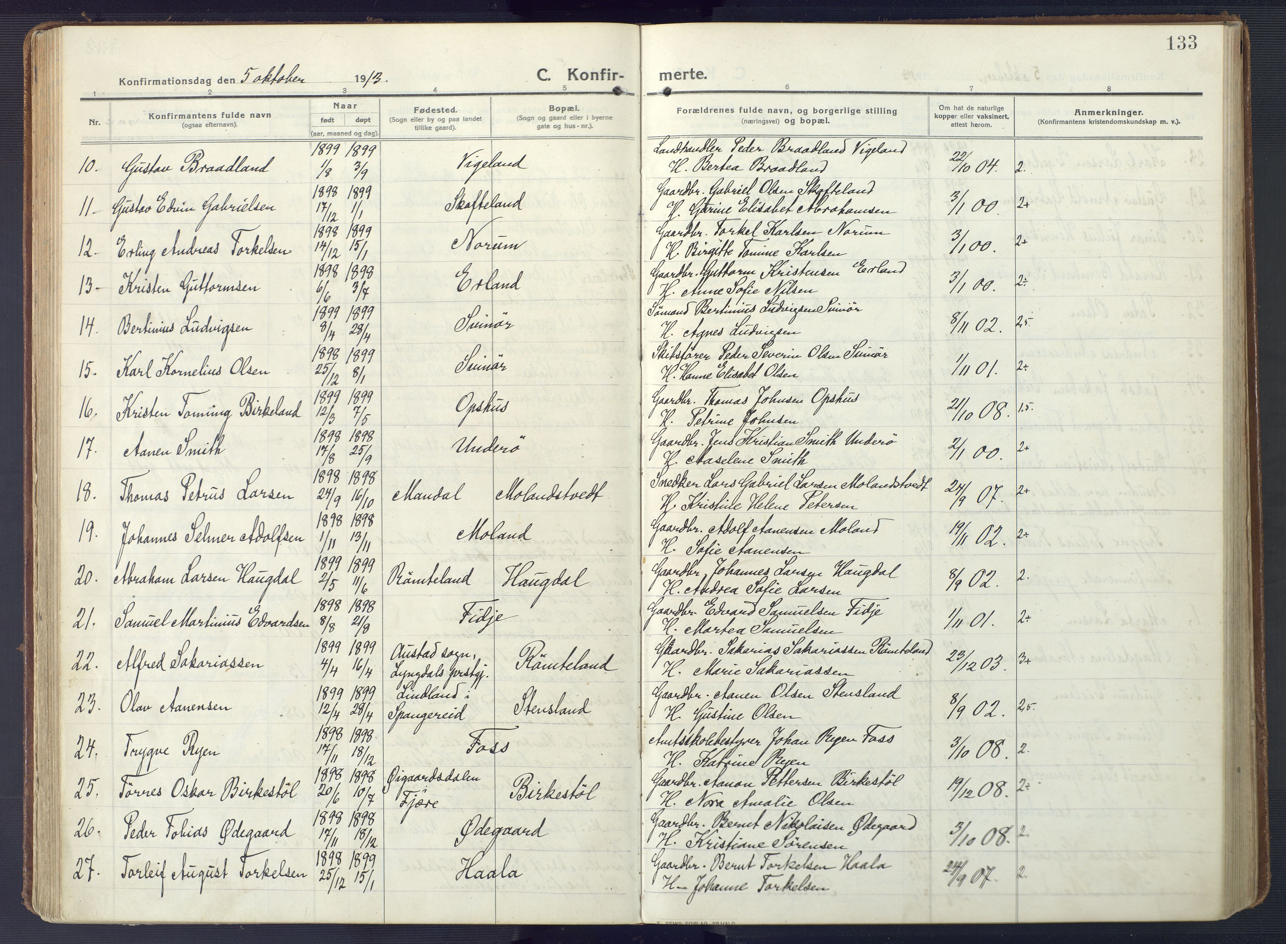 Sør-Audnedal sokneprestkontor, SAK/1111-0039/F/Fa/Fab/L0011: Ministerialbok nr. A 11, 1912-1938, s. 133