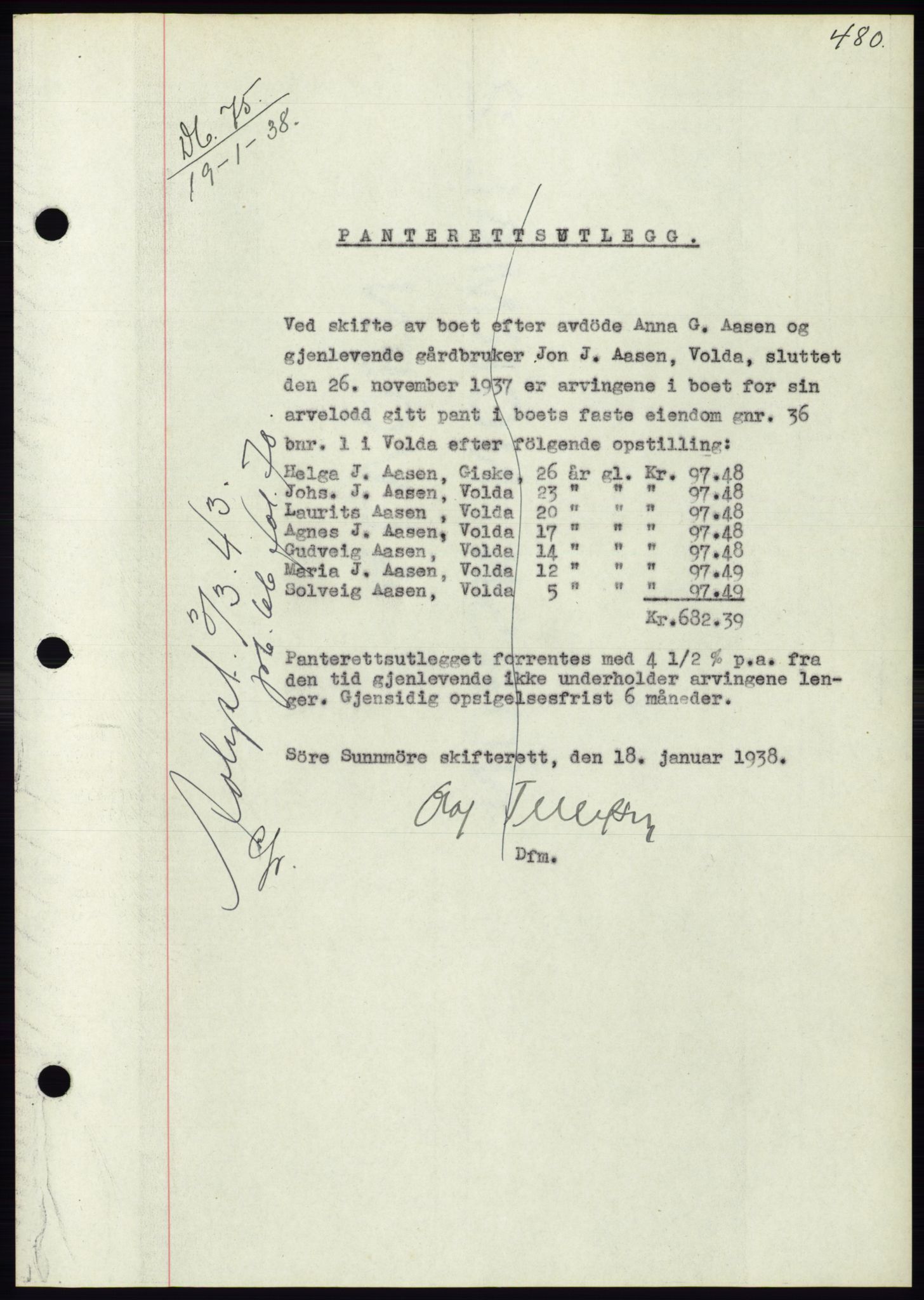 Søre Sunnmøre sorenskriveri, AV/SAT-A-4122/1/2/2C/L0064: Pantebok nr. 58, 1937-1938, Dagboknr: 75/1938