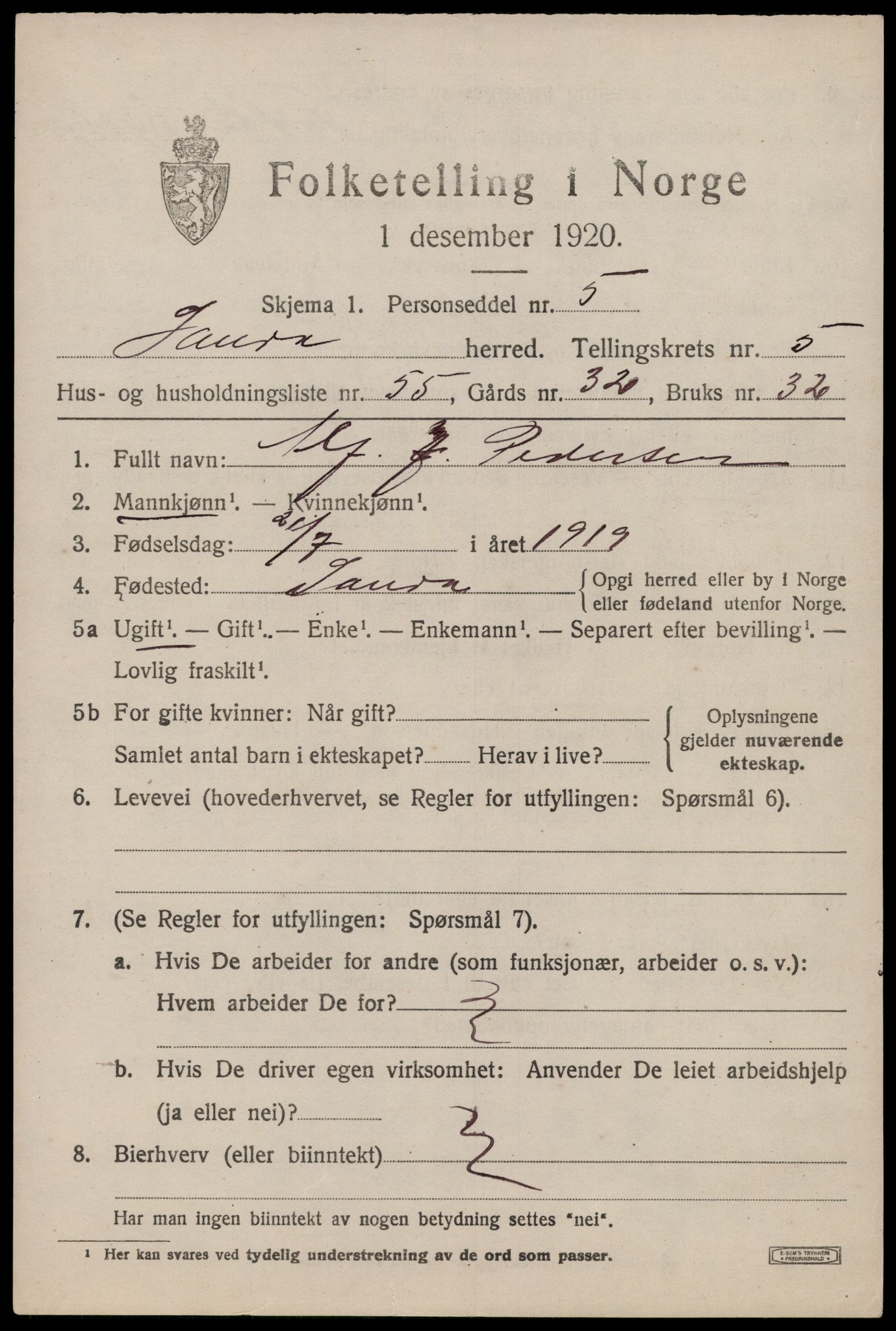 SAST, Folketelling 1920 for 1135 Sauda herred, 1920, s. 3706