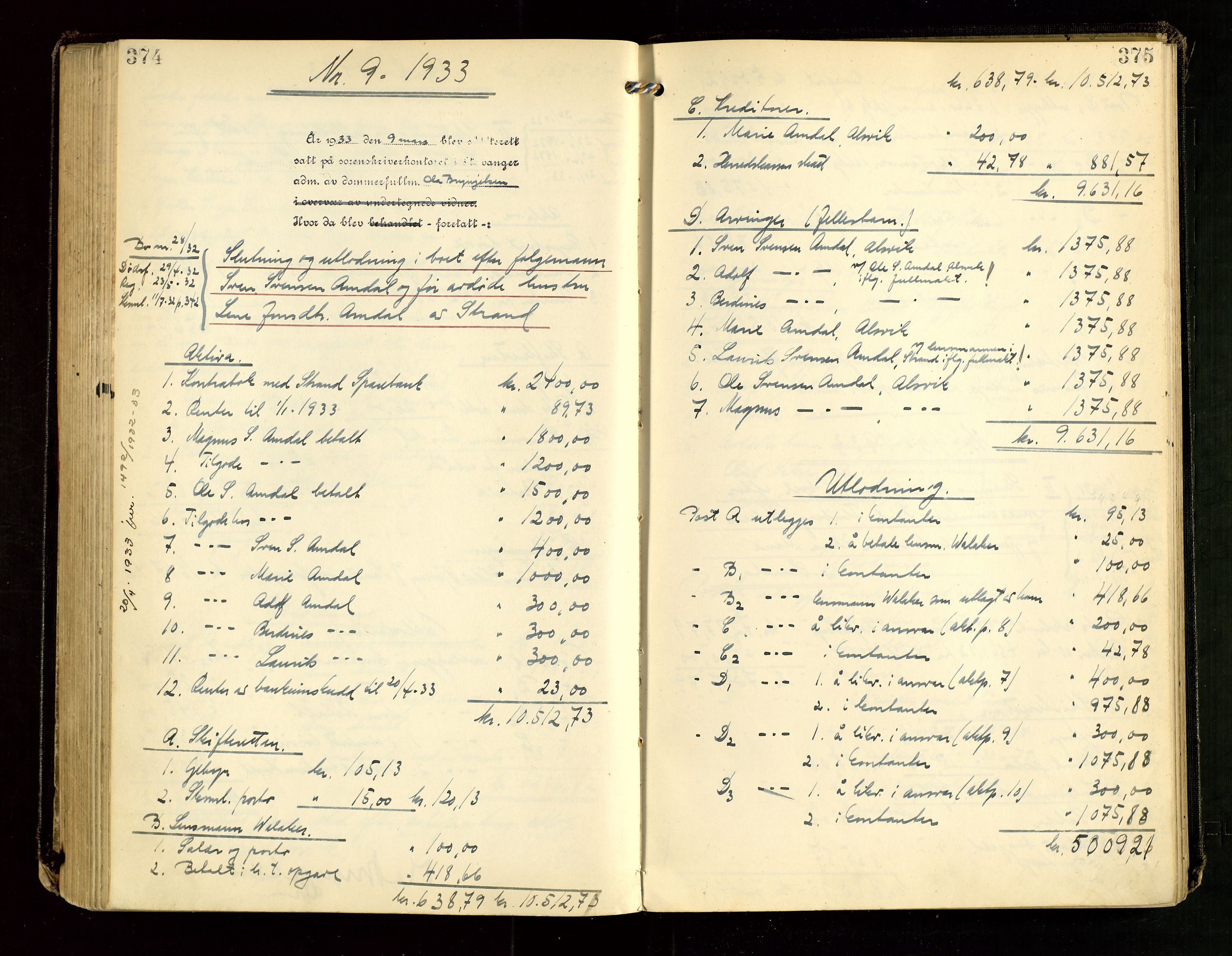 Ryfylke tingrett, AV/SAST-A-100055/001/IV/IVG/L0007: Skifteutlodningsprotokoll Med register, 1929-1933, s. 374-375