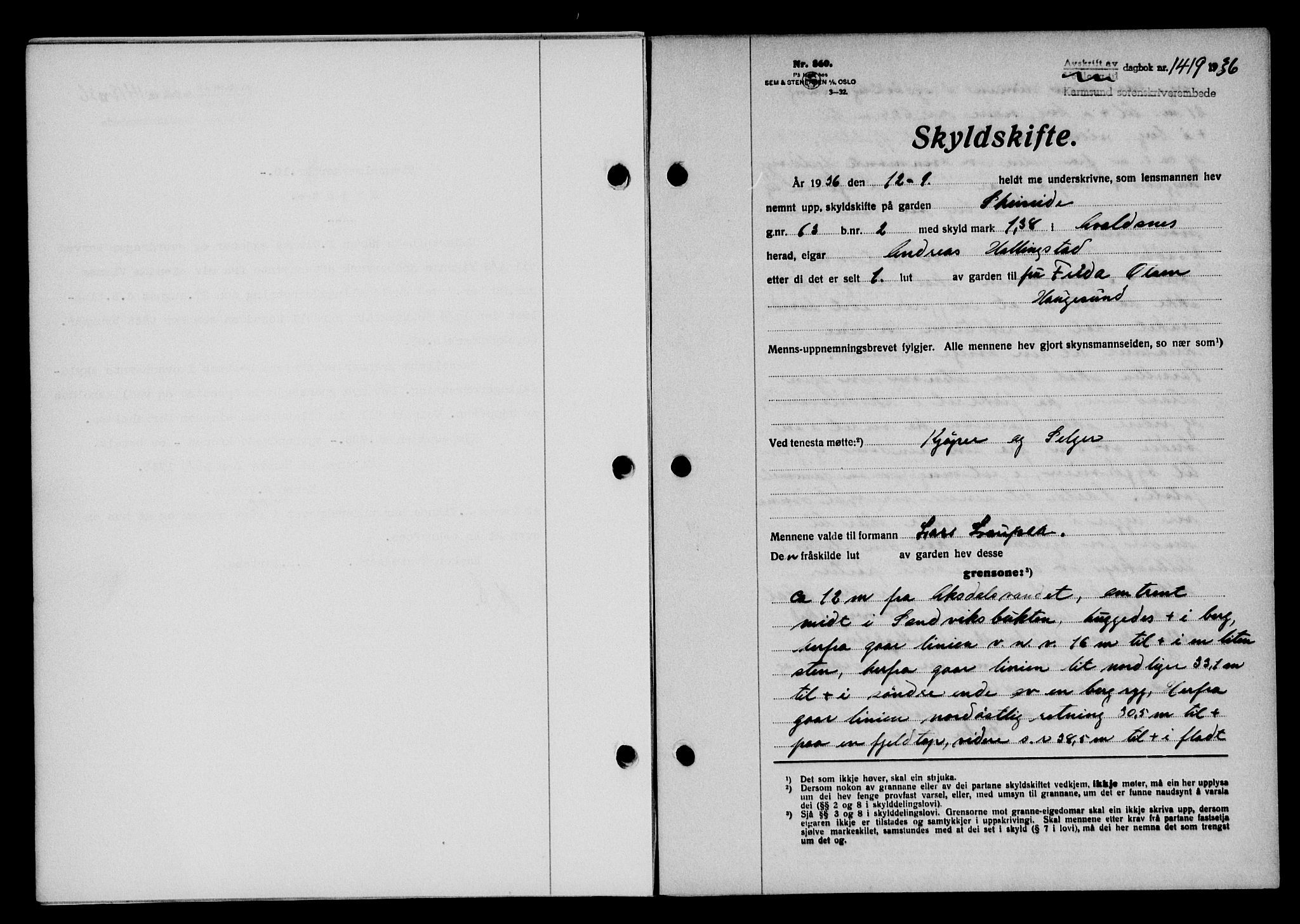 Karmsund sorenskriveri, SAST/A-100311/01/II/IIB/L0066: Pantebok nr. 47A, 1936-1936, Dagboknr: 1419/1936