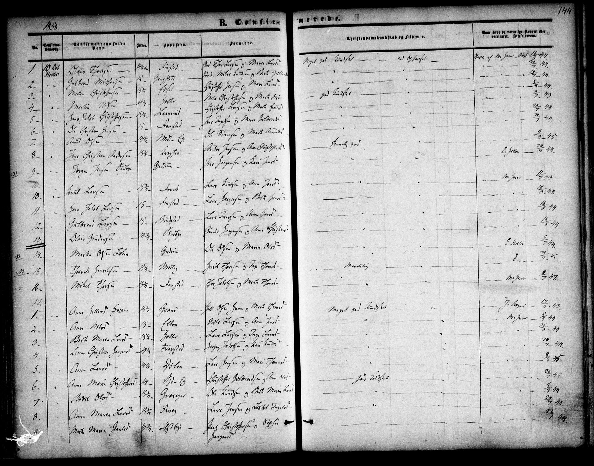 Nannestad prestekontor Kirkebøker, AV/SAO-A-10414a/F/Fa/L0011: Ministerialbok nr. I 11, 1850-1859, s. 144