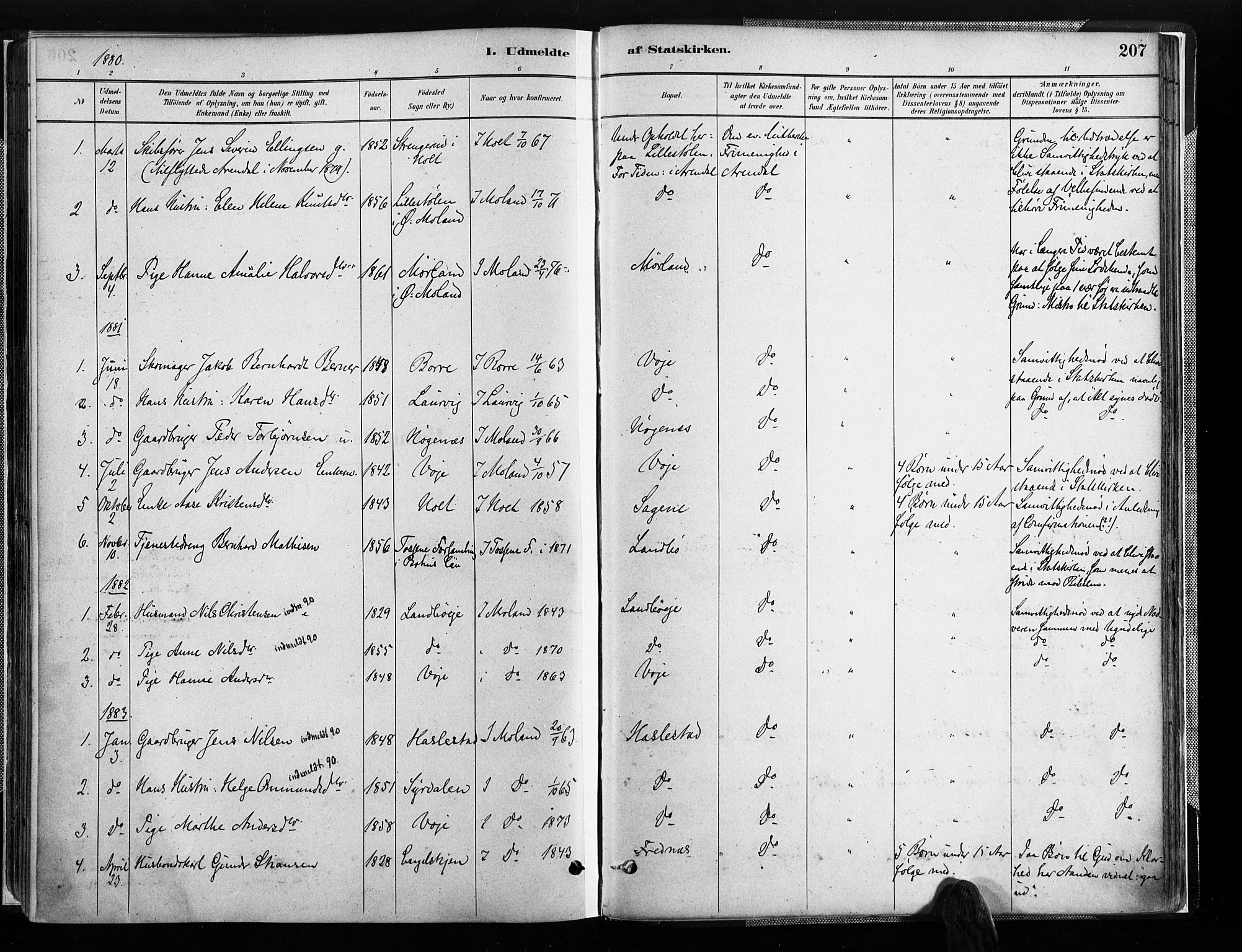 Austre Moland sokneprestkontor, AV/SAK-1111-0001/F/Fa/Faa/L0010: Ministerialbok nr. A 10, 1880-1904, s. 207