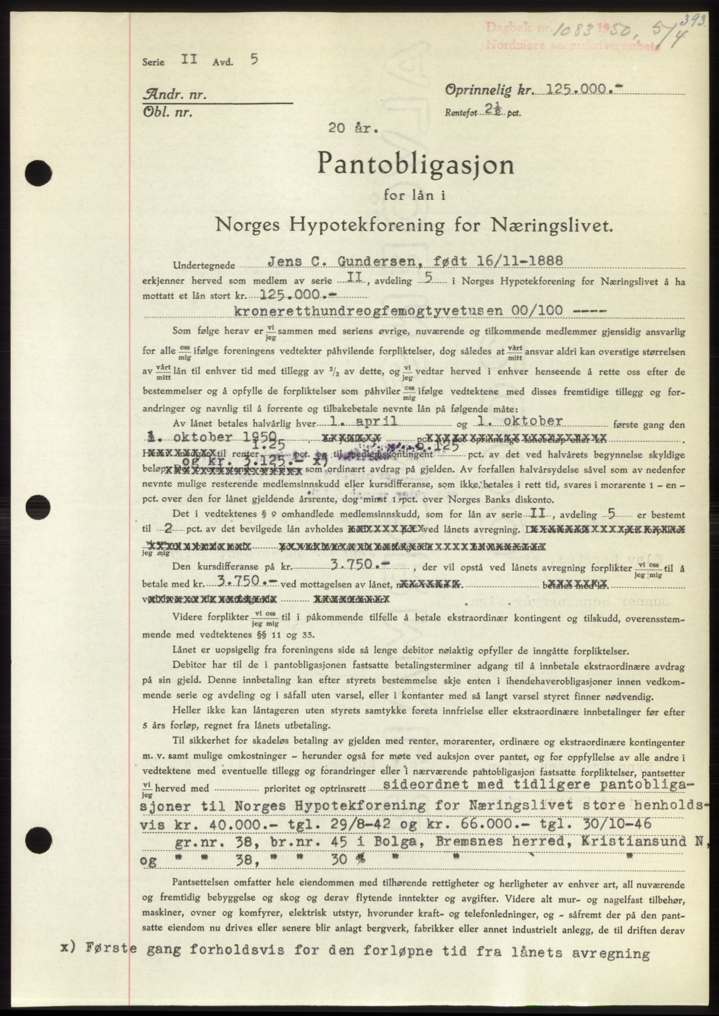 Nordmøre sorenskriveri, SAT/A-4132/1/2/2Ca: Pantebok nr. B104, 1950-1950, Dagboknr: 1083/1950