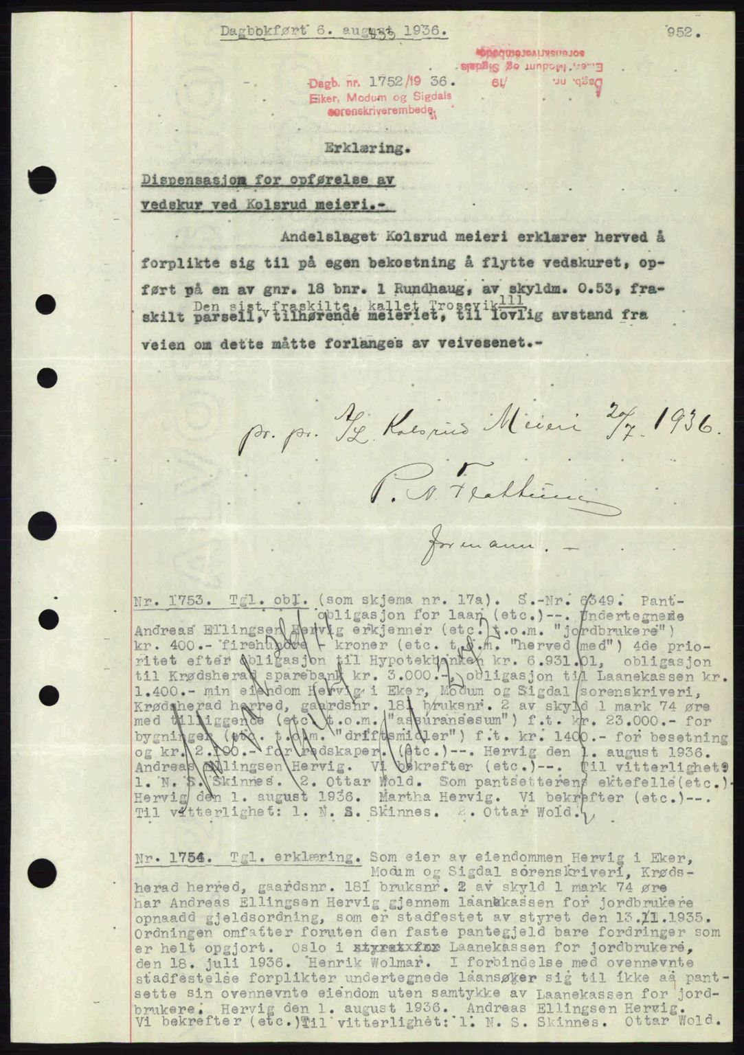 Eiker, Modum og Sigdal sorenskriveri, SAKO/A-123/G/Ga/Gab/L0032: Pantebok nr. A2, 1936-1936, Dagboknr: 1752/1936