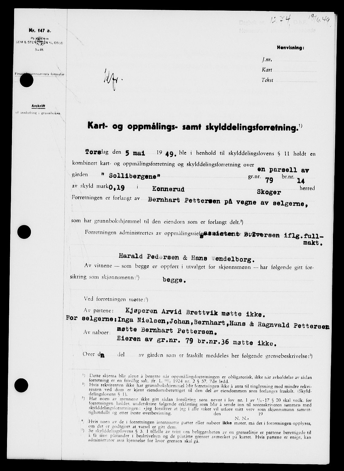 Holmestrand sorenskriveri, SAKO/A-67/G/Ga/Gaa/L0066: Pantebok nr. A-66, 1949-1949, Dagboknr: 1274/1949
