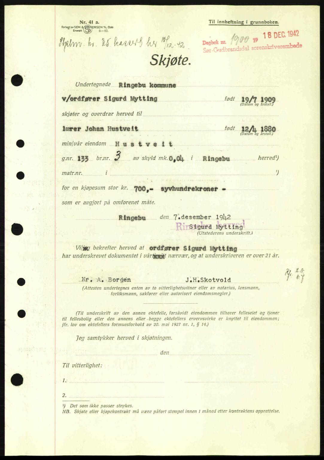 Sør-Gudbrandsdal tingrett, SAH/TING-004/H/Hb/Hbd/L0011: Pantebok nr. A11, 1942-1943, Dagboknr: 1900/1942