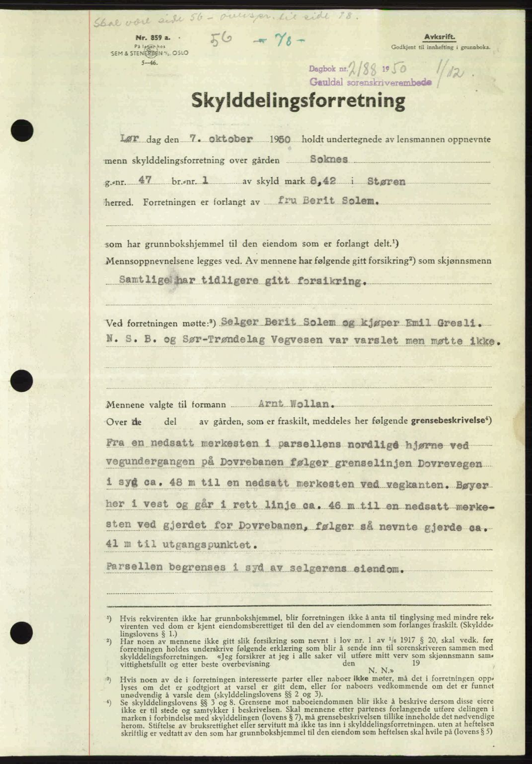 Gauldal sorenskriveri, SAT/A-0014/1/2/2C: Pantebok nr. A11, 1950-1950, Dagboknr: 2188/1950