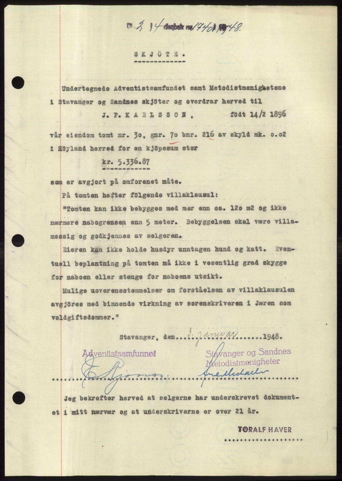 Jæren sorenskriveri, SAST/A-100310/03/G/Gba/L0098: Pantebok, 1948-1948, Dagboknr: 1740/1948