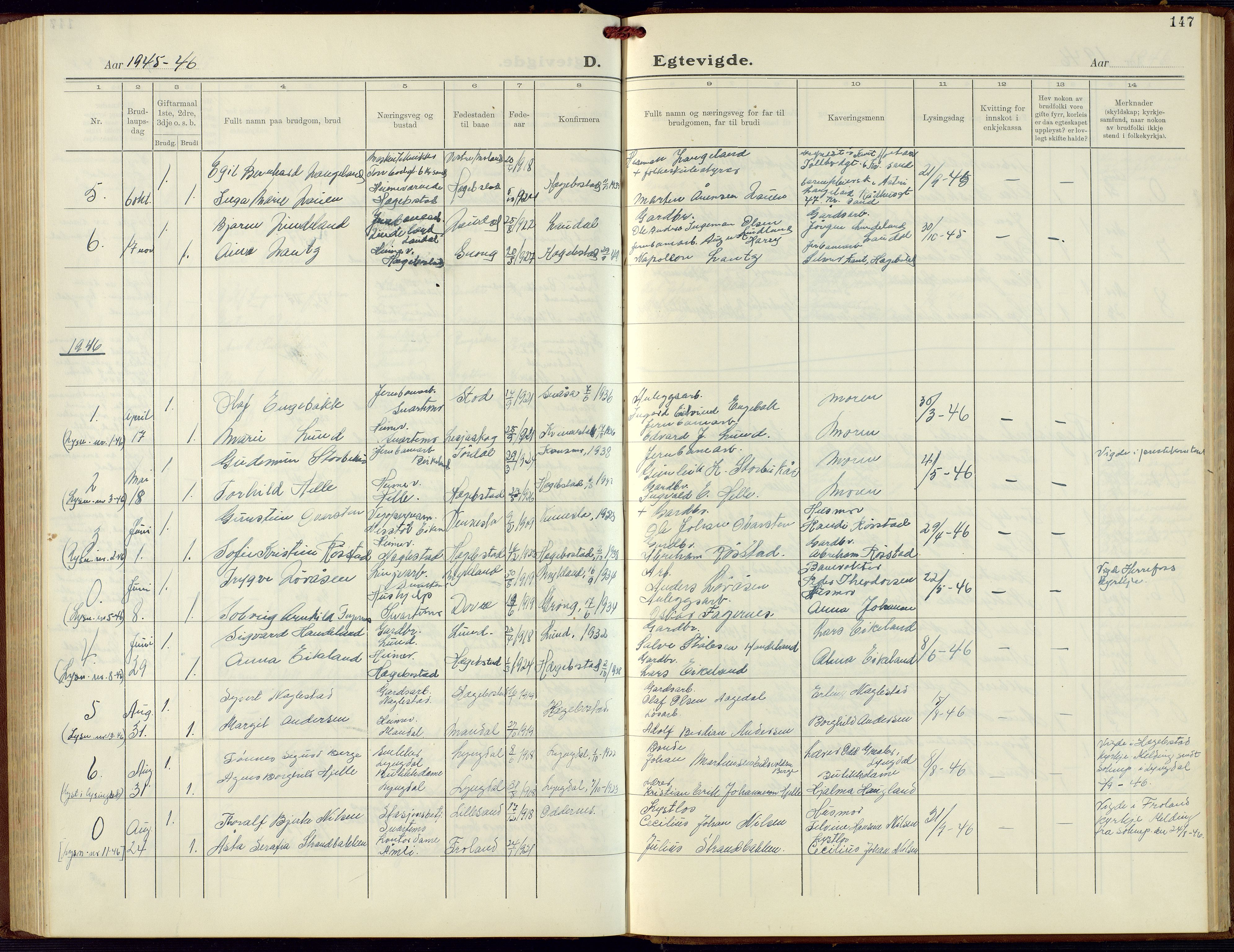 Hægebostad sokneprestkontor, SAK/1111-0024/F/Fb/Fba/L0006: Klokkerbok nr. B 6, 1931-1970, s. 147