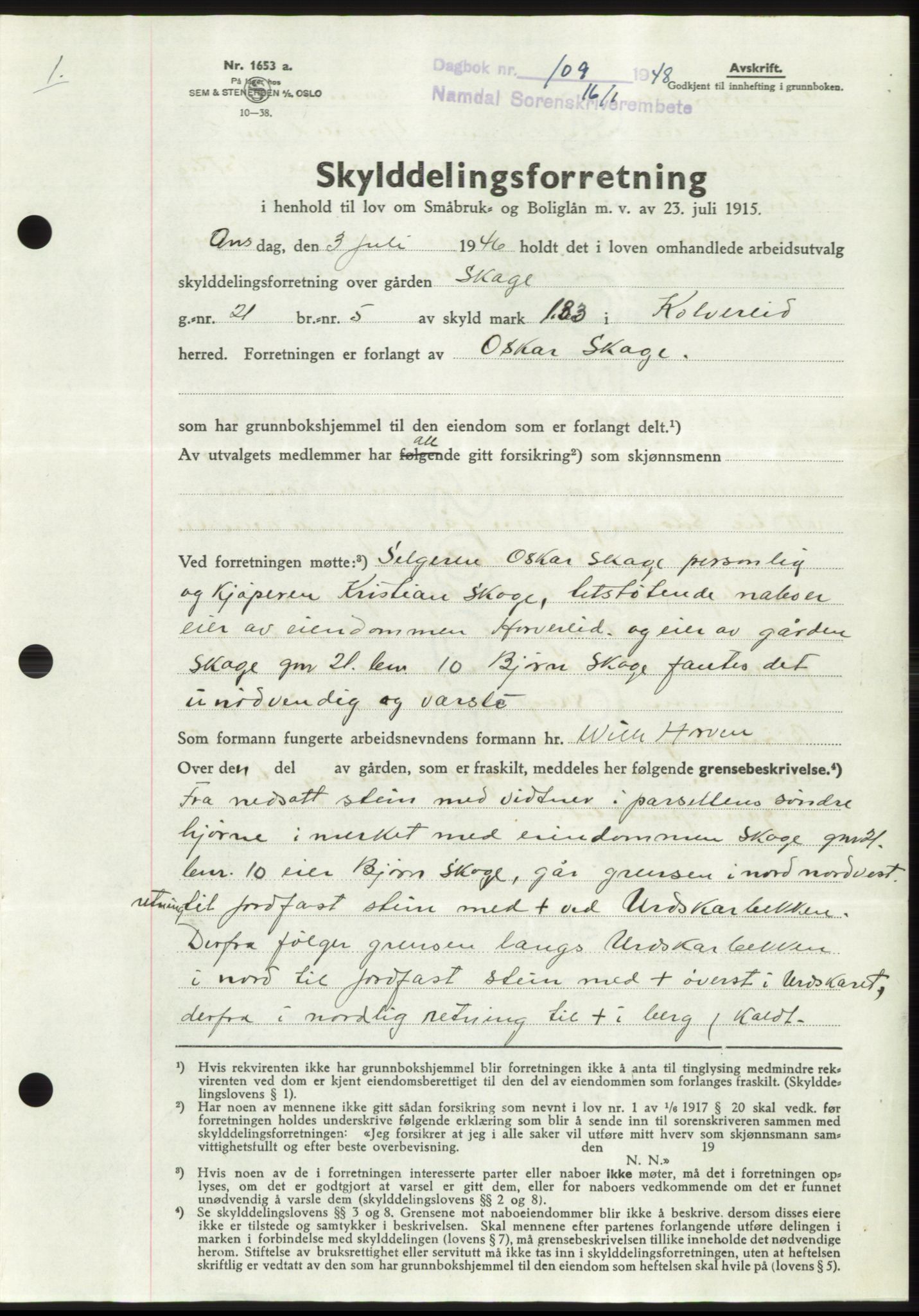 Namdal sorenskriveri, SAT/A-4133/1/2/2C: Pantebok nr. -, 1947-1948, Dagboknr: 109/1948