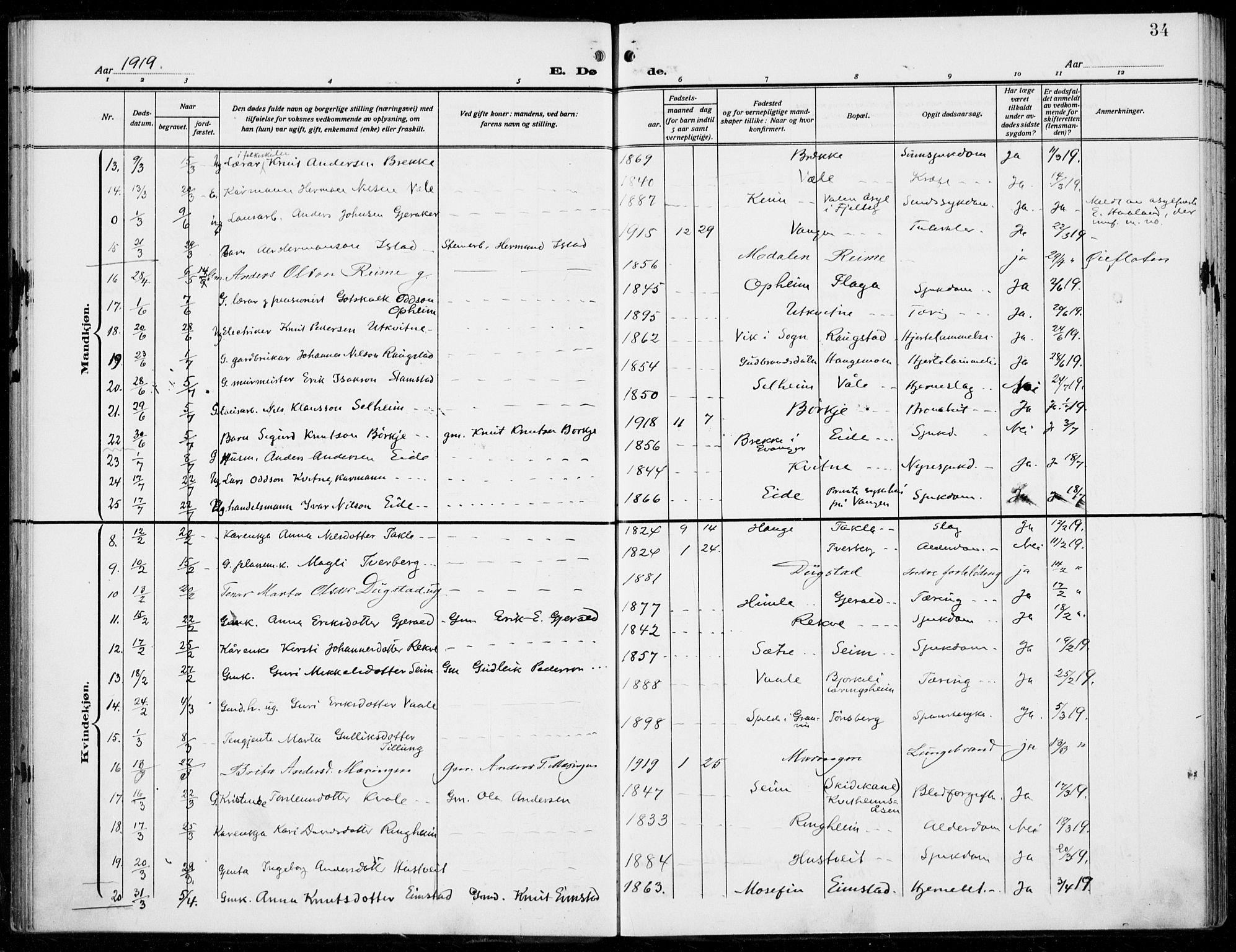 Voss sokneprestembete, SAB/A-79001/H/Haa: Ministerialbok nr. D  2, 1910-1932, s. 34