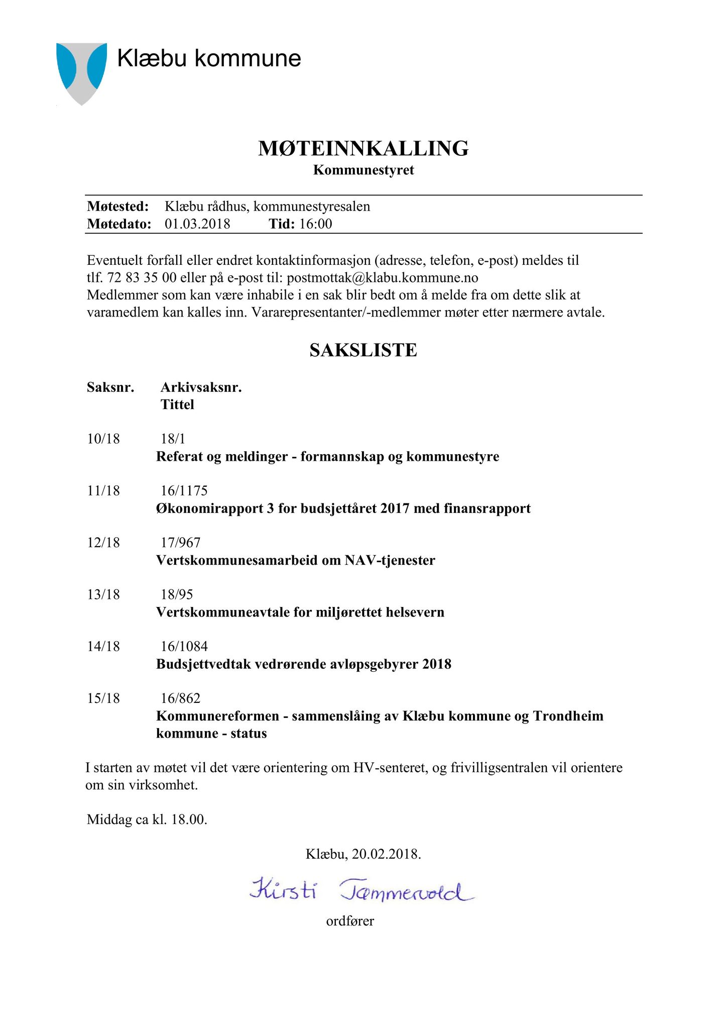 Klæbu Kommune, TRKO/KK/01-KS/L011: Kommunestyret - Møtedokumenter, 2018, s. 274