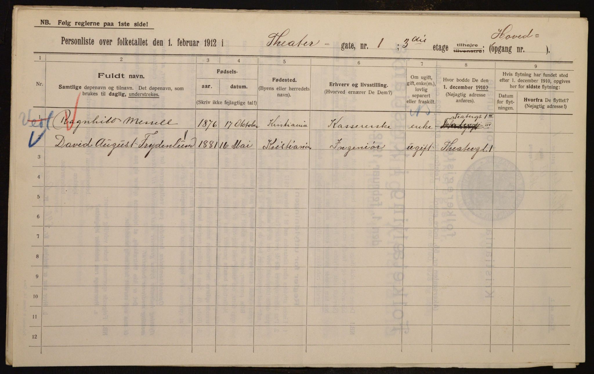 OBA, Kommunal folketelling 1.2.1912 for Kristiania, 1912, s. 107080