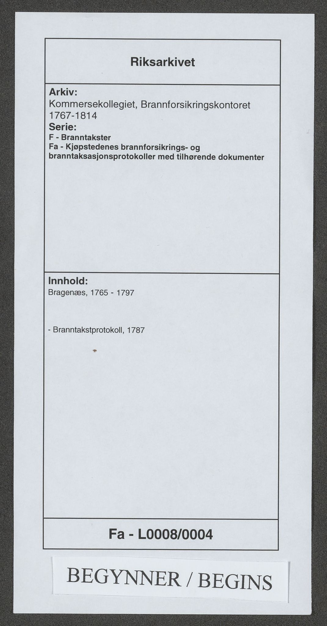 Kommersekollegiet, Brannforsikringskontoret 1767-1814, AV/RA-EA-5458/F/Fa/L0008/0004: Bragernes / Branntakstprotokoll, 1787