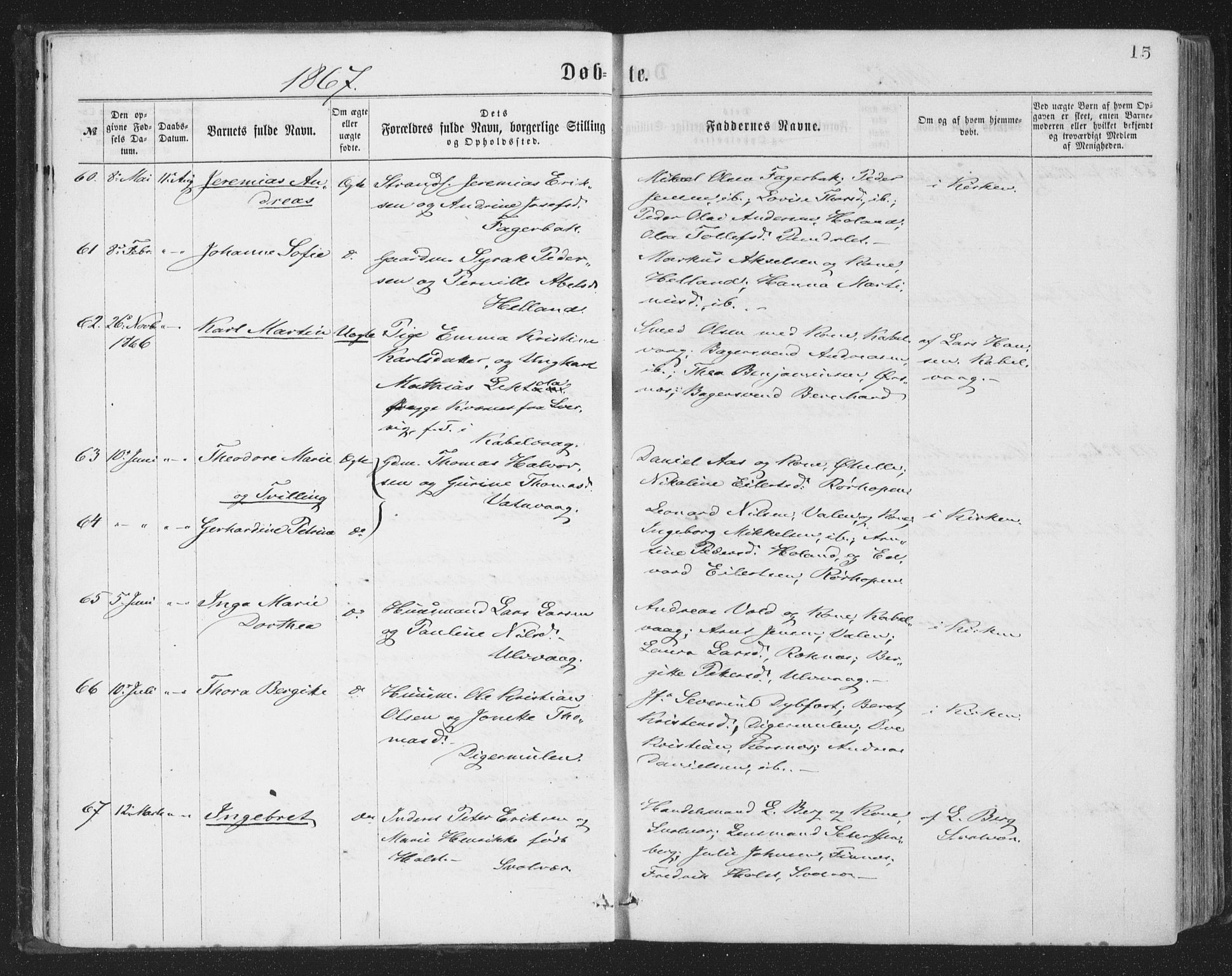 Ministerialprotokoller, klokkerbøker og fødselsregistre - Nordland, AV/SAT-A-1459/874/L1057: Ministerialbok nr. 874A01, 1866-1877, s. 15