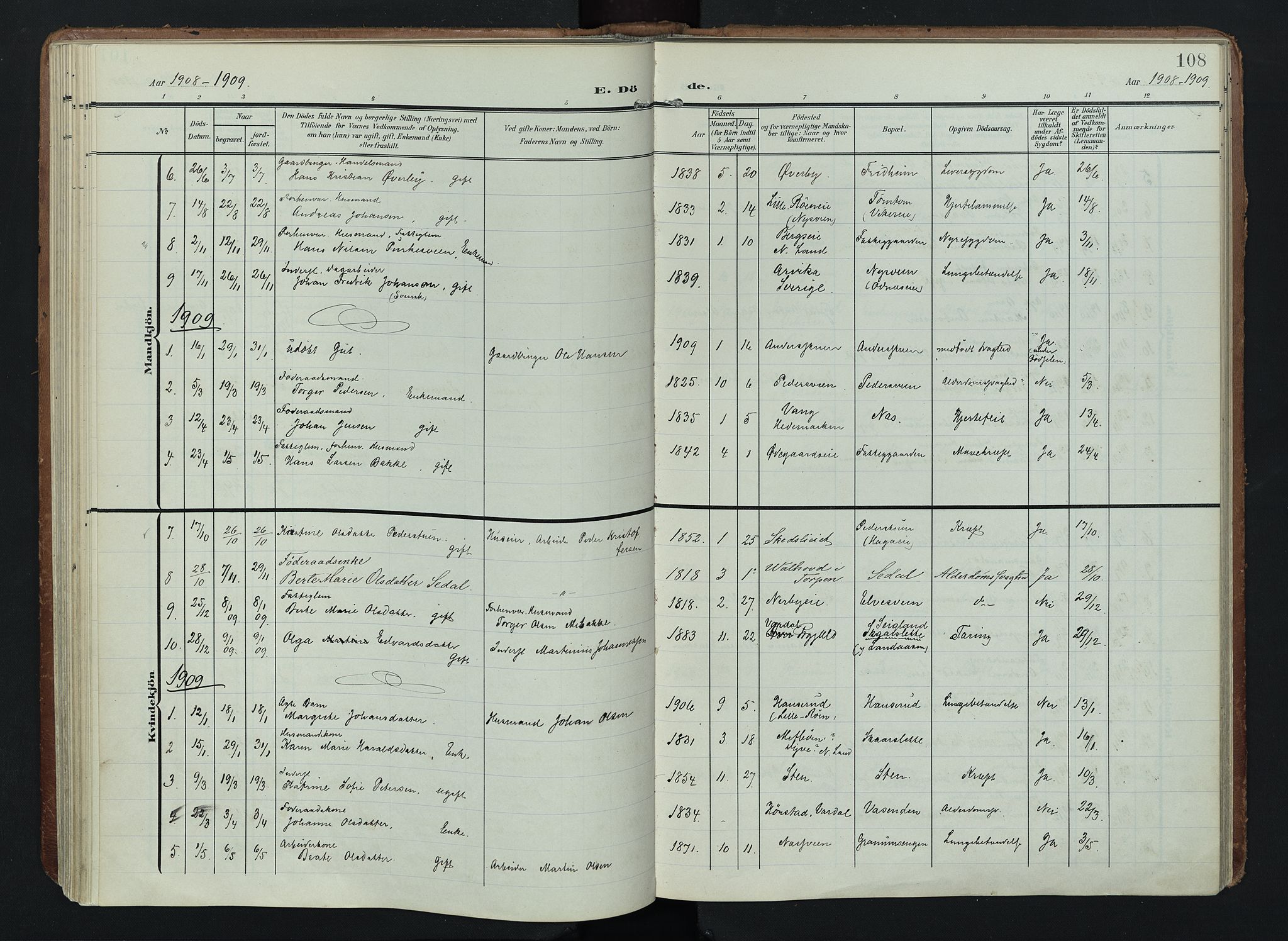 Søndre Land prestekontor, AV/SAH-PREST-122/K/L0005: Ministerialbok nr. 5, 1905-1914, s. 108