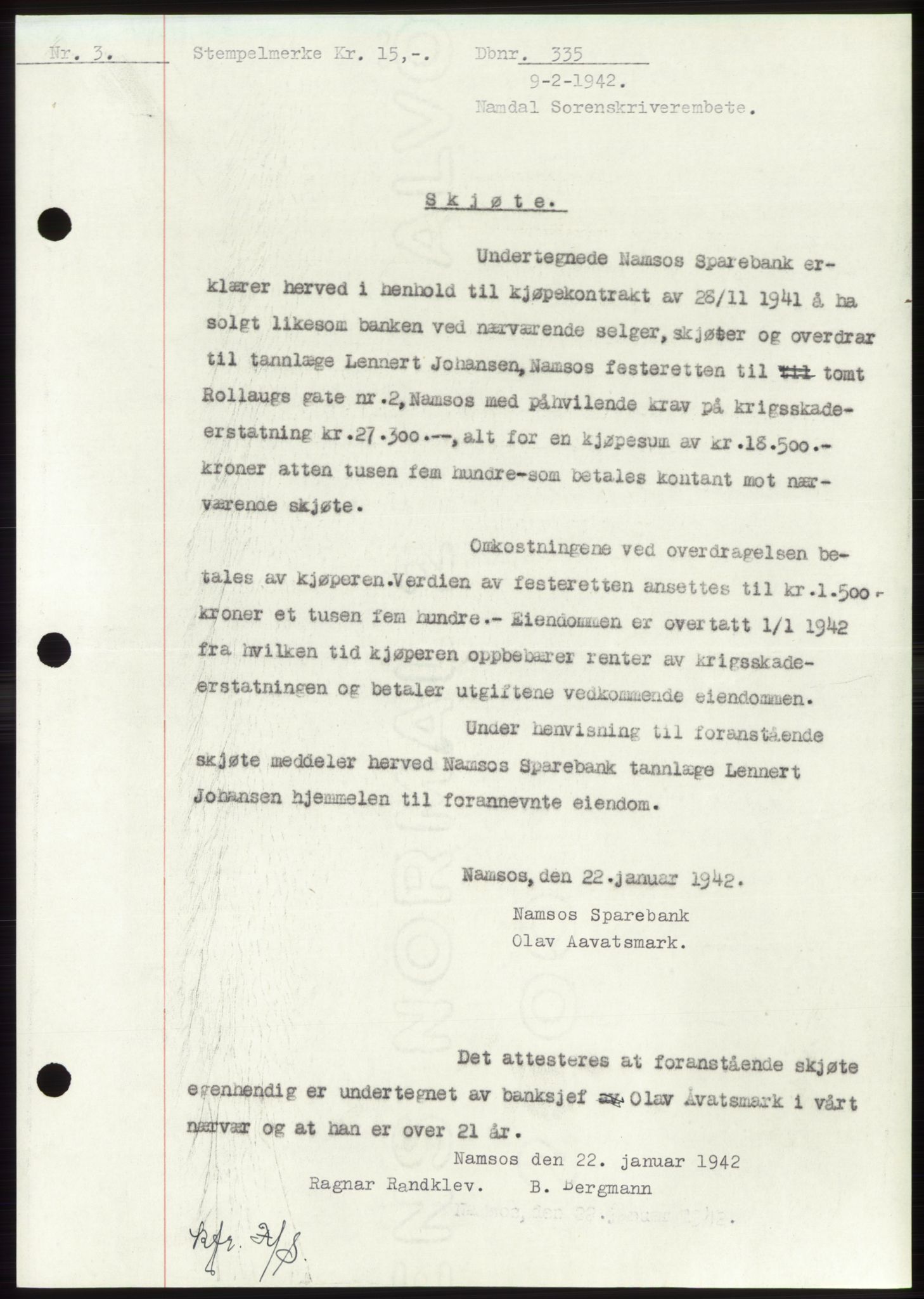 Namdal sorenskriveri, SAT/A-4133/1/2/2C: Pantebok nr. -, 1941-1942, Dagboknr: 335/1942