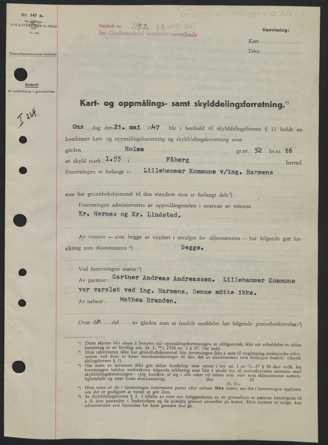 Sør-Gudbrandsdal tingrett, SAH/TING-004/H/Hb/Hbd/L0018: Pantebok nr. A18, 1947-1947, Dagboknr: 1182/1947