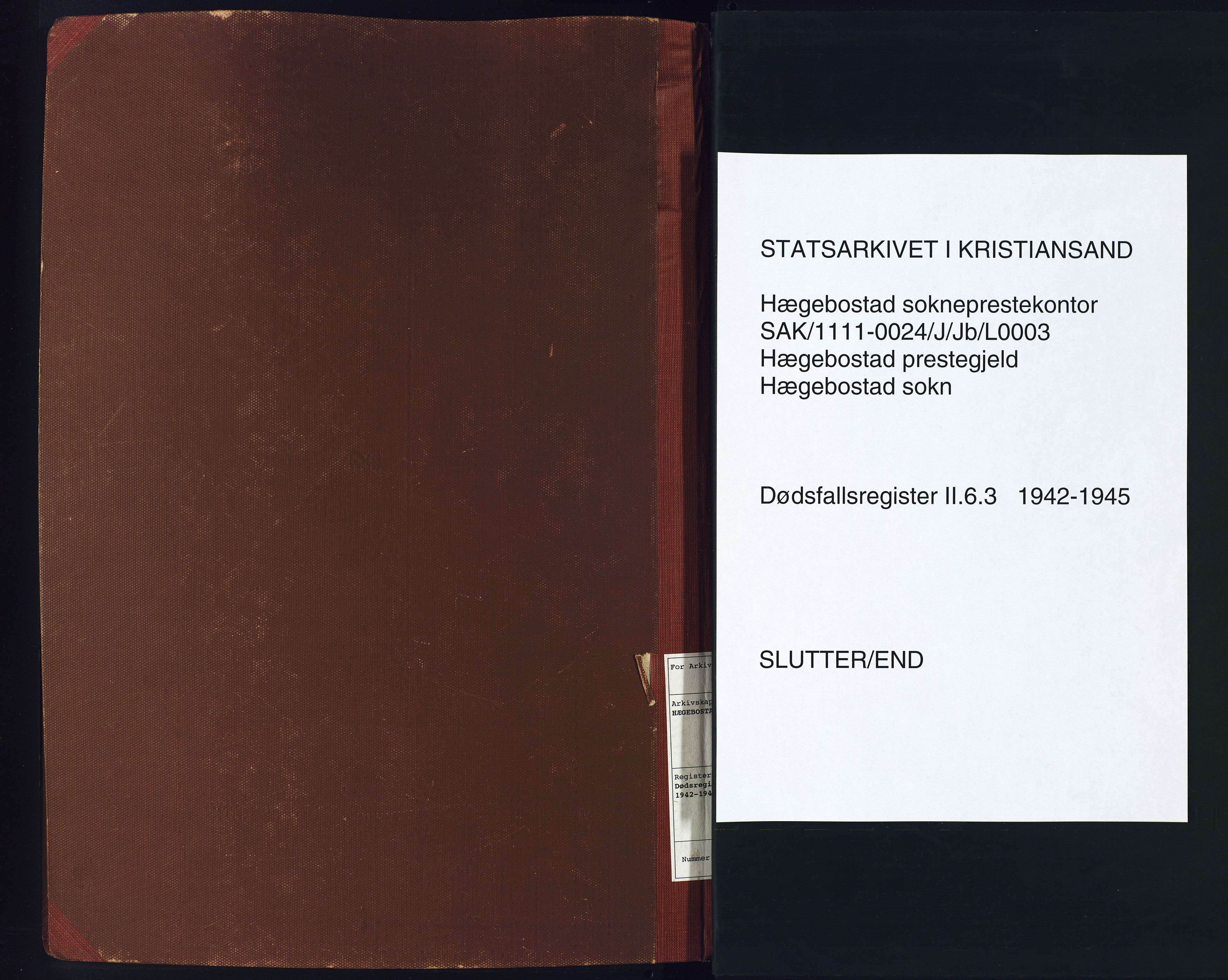 Hægebostad sokneprestkontor, SAK/1111-0024/J/Jb/L0003: II.6.3 - Dødsfallsregister Hægebostad, 1942-1945
