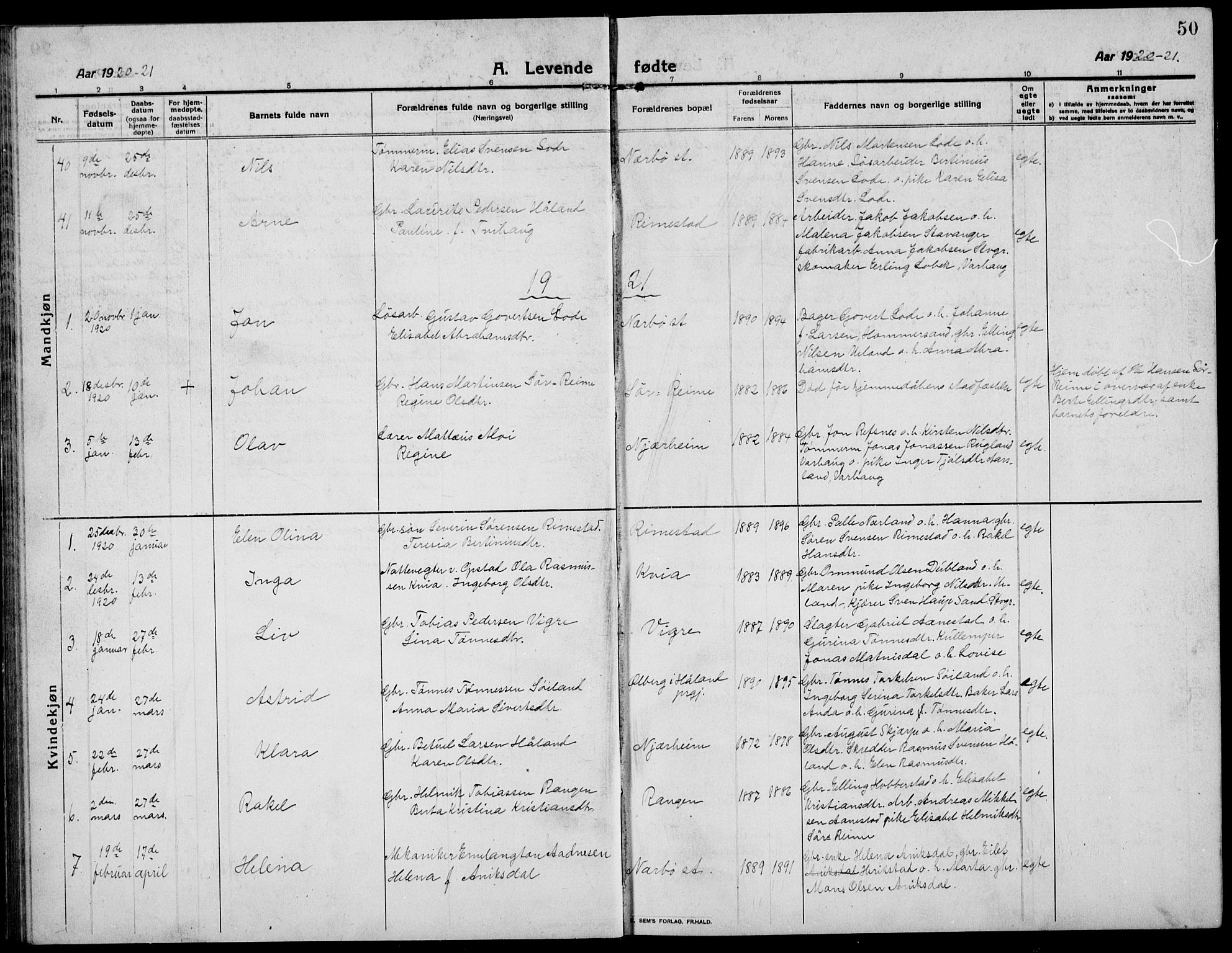 Hå sokneprestkontor, AV/SAST-A-101801/001/30BB/L0007: Klokkerbok nr. B 7, 1912-1939, s. 50