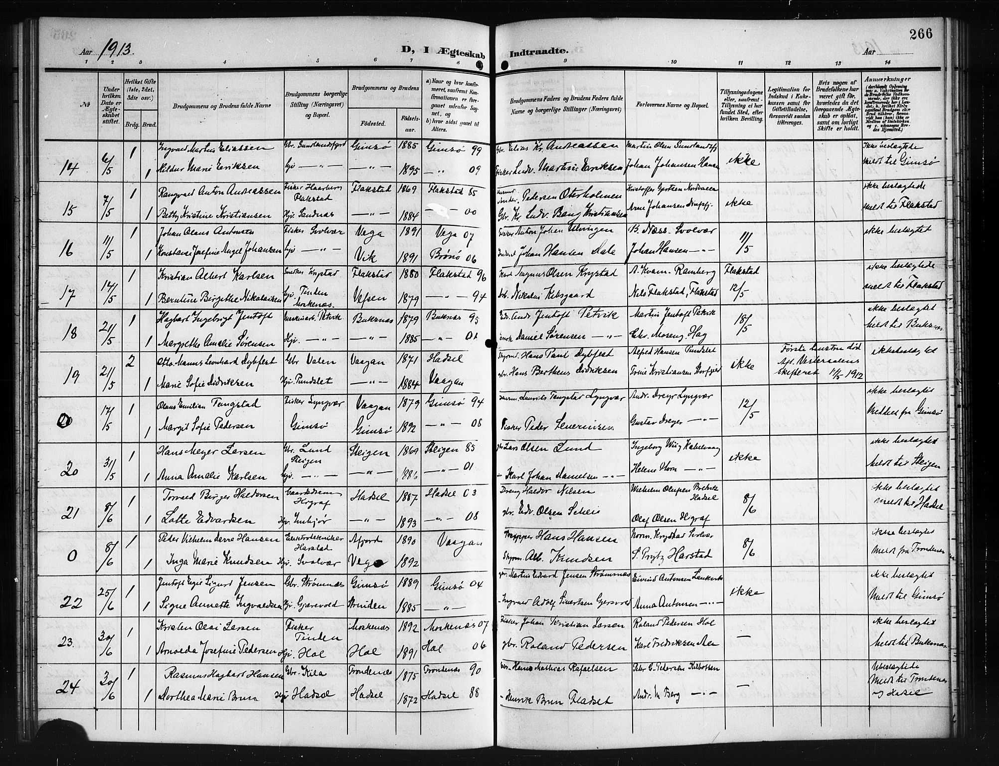 Ministerialprotokoller, klokkerbøker og fødselsregistre - Nordland, AV/SAT-A-1459/874/L1079: Klokkerbok nr. 874C08, 1907-1915, s. 266