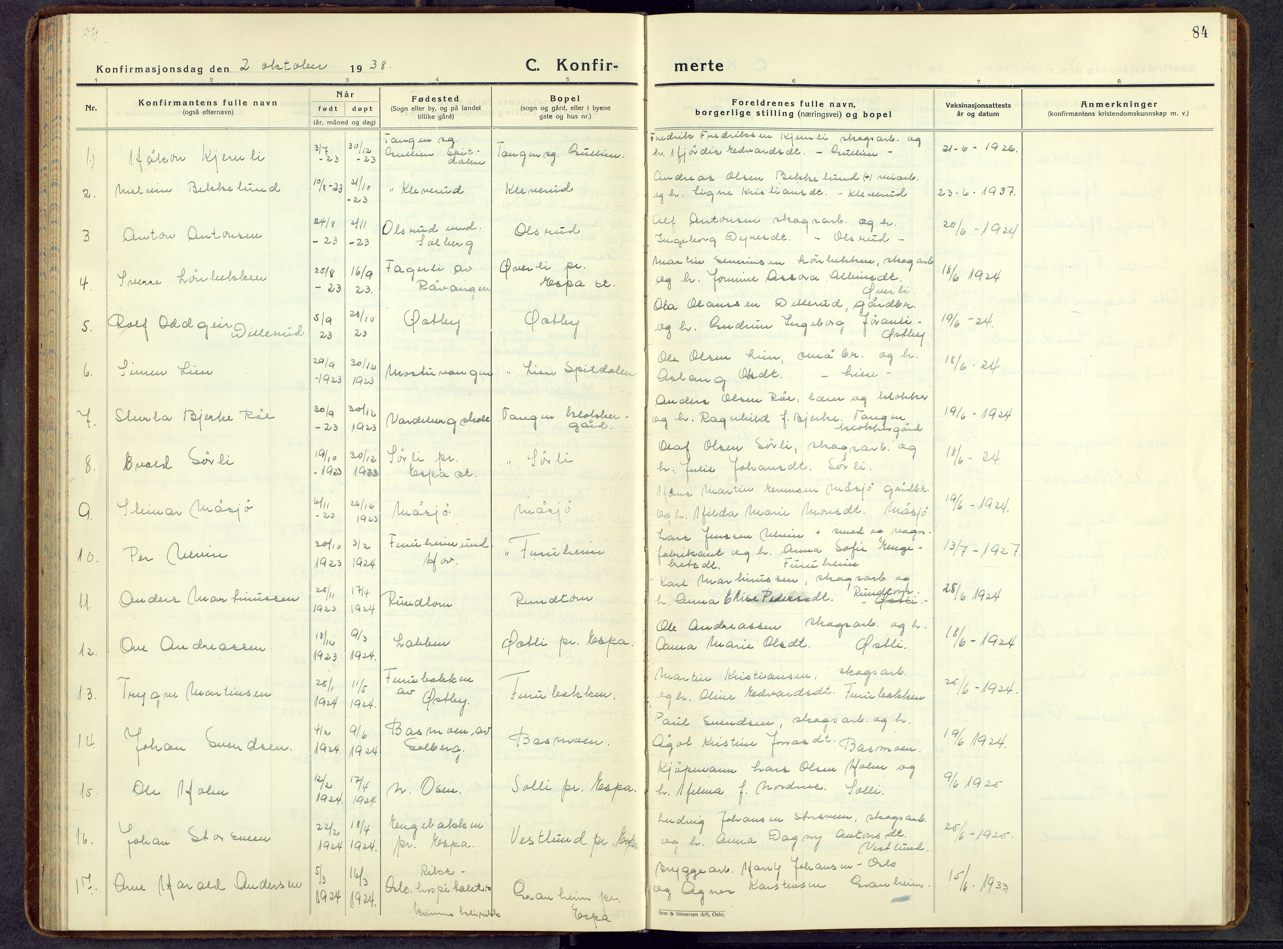 Stange prestekontor, AV/SAH-PREST-002/L/L0021: Klokkerbok nr. 21, 1937-1962, s. 84