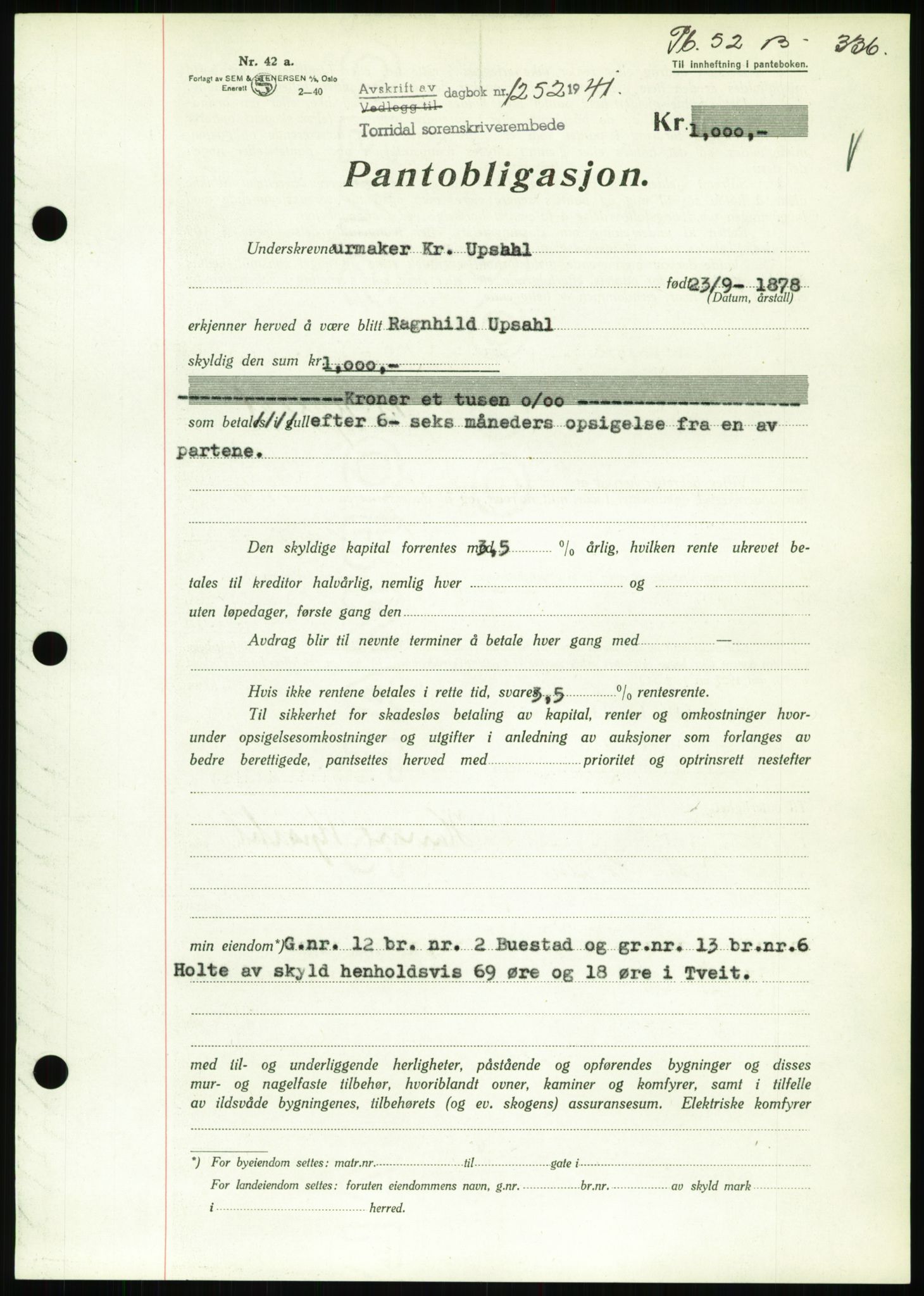 Torridal sorenskriveri, SAK/1221-0012/G/Gb/Gbb/L0008: Pantebok nr. 52b, 1940-1942, Dagboknr: 1252/1941