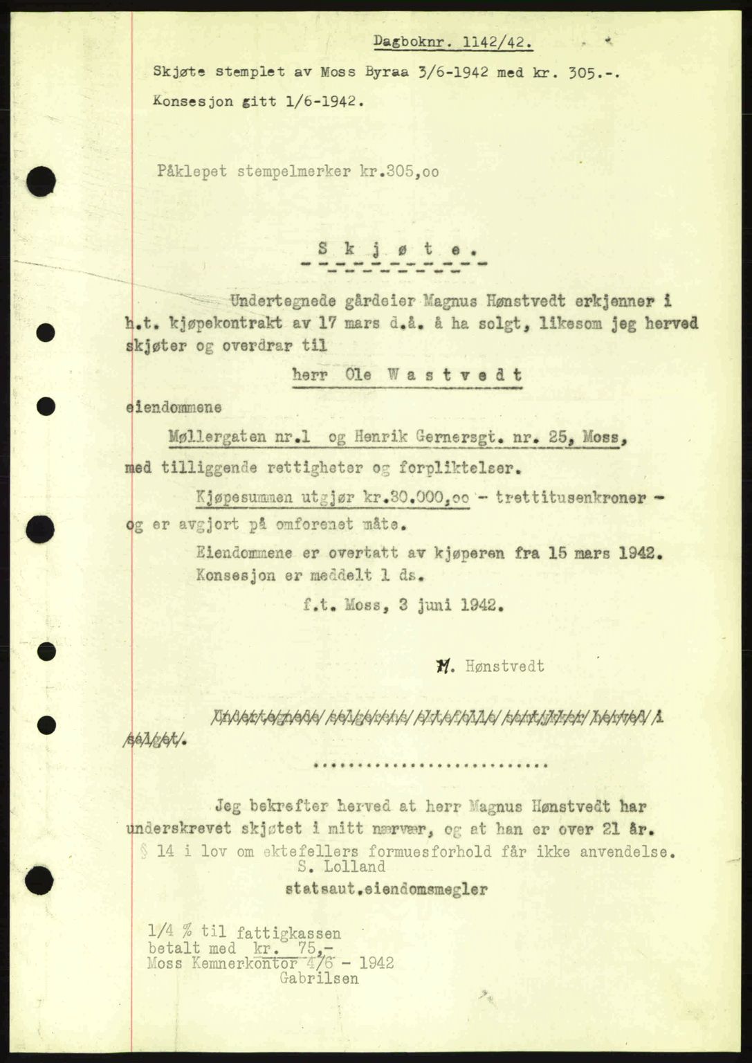 Moss sorenskriveri, SAO/A-10168: Pantebok nr. A9, 1941-1942, Dagboknr: 1142/1942