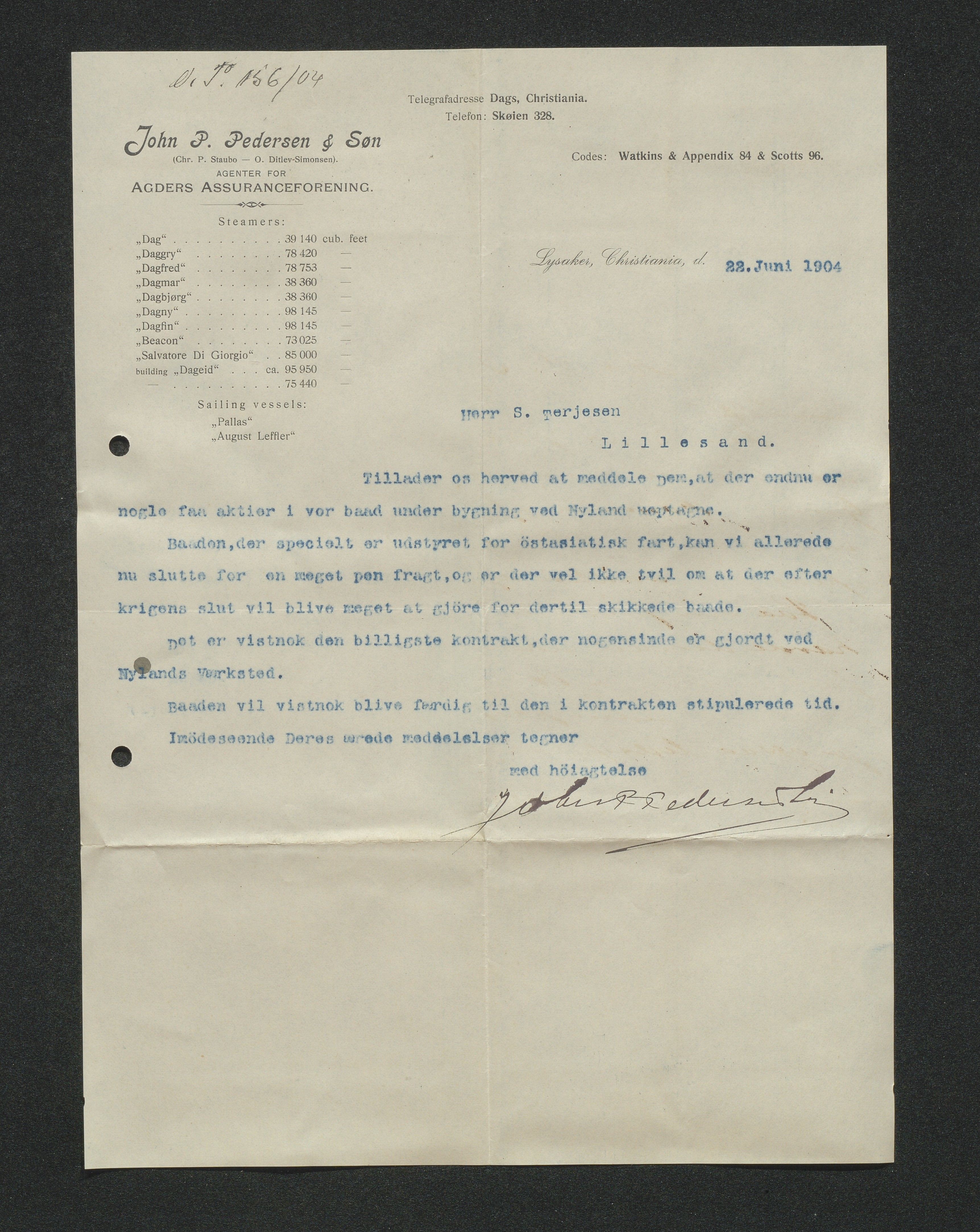 O. Terjesens rederi, AAKS/PA-2525/E/E01/L0013: Korrespondanse, 1904-1905