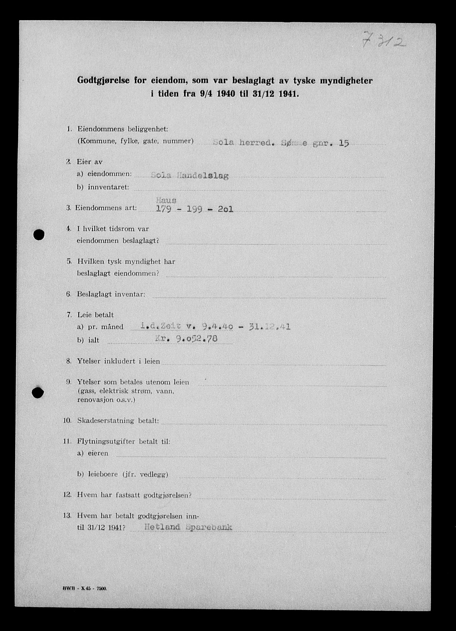Justisdepartementet, Tilbakeføringskontoret for inndratte formuer, AV/RA-S-1564/I/L1014: Godtgjørelse for beslaglagt eiendom, 1940-1941, s. 300