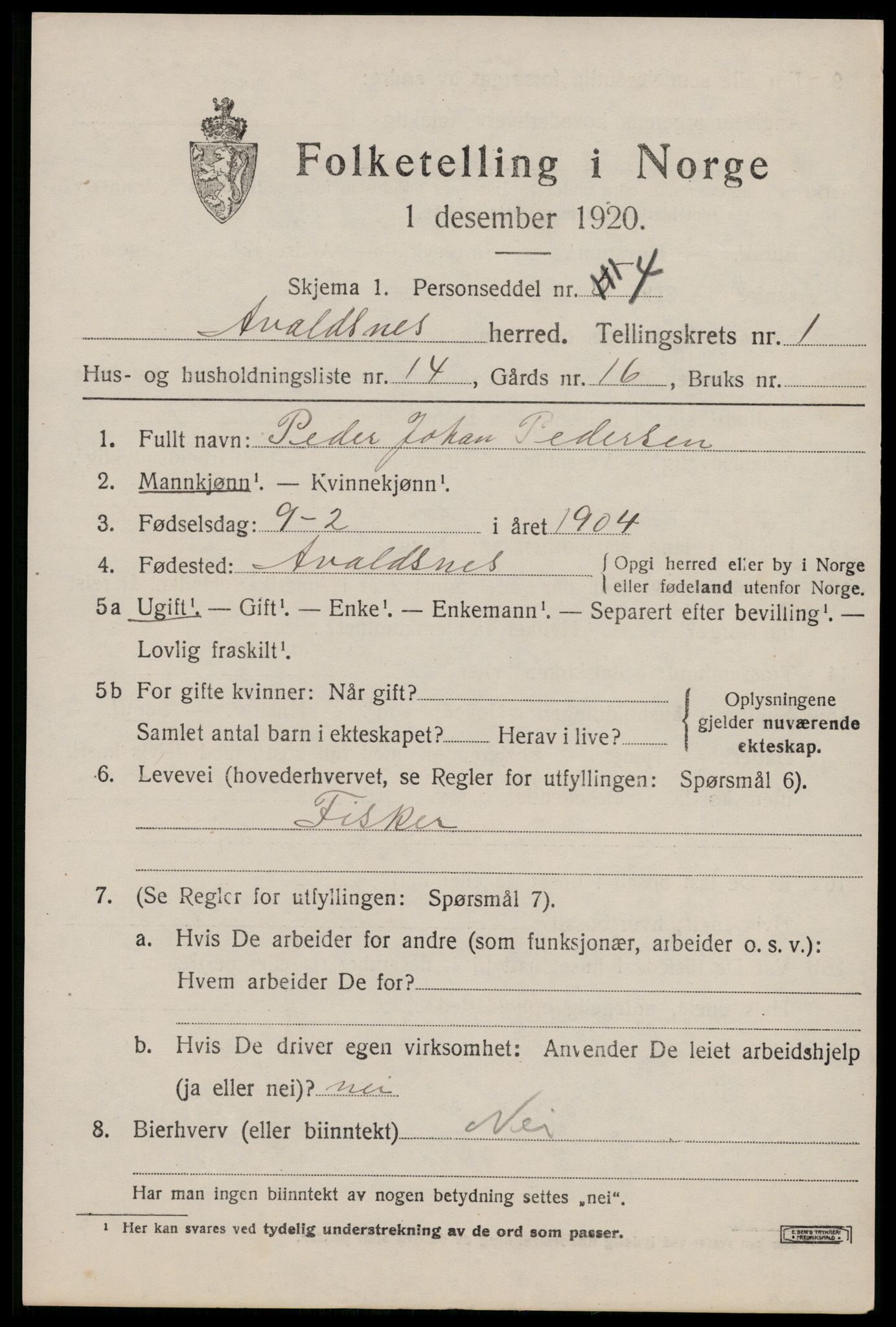 SAST, Folketelling 1920 for 1147 Avaldsnes herred, 1920, s. 1585