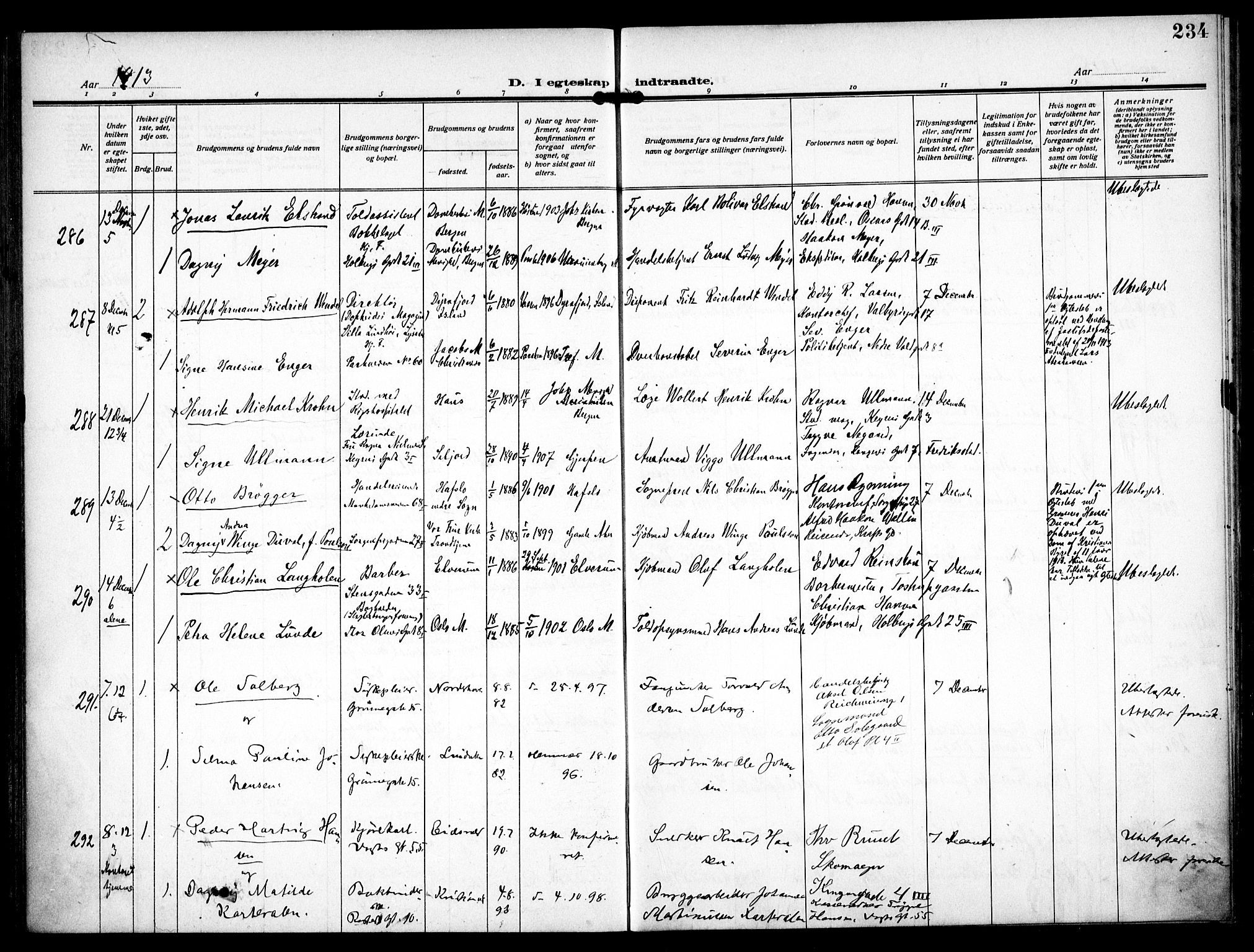 Trefoldighet prestekontor Kirkebøker, AV/SAO-A-10882/F/Fc/L0006: Ministerialbok nr. III 6, 1908-1914, s. 234