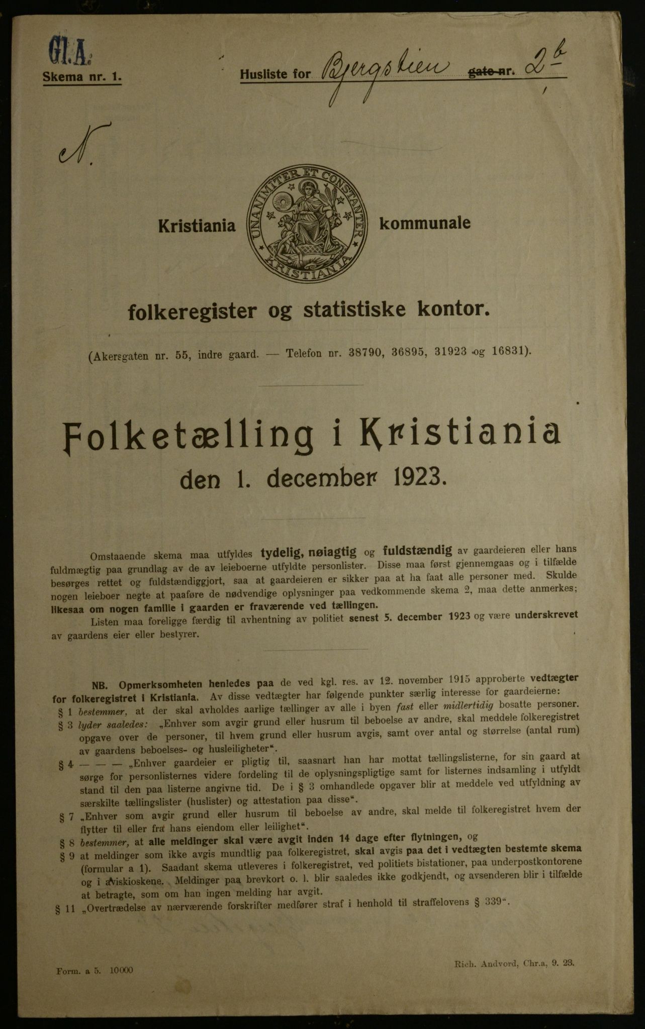 OBA, Kommunal folketelling 1.12.1923 for Kristiania, 1923, s. 5243