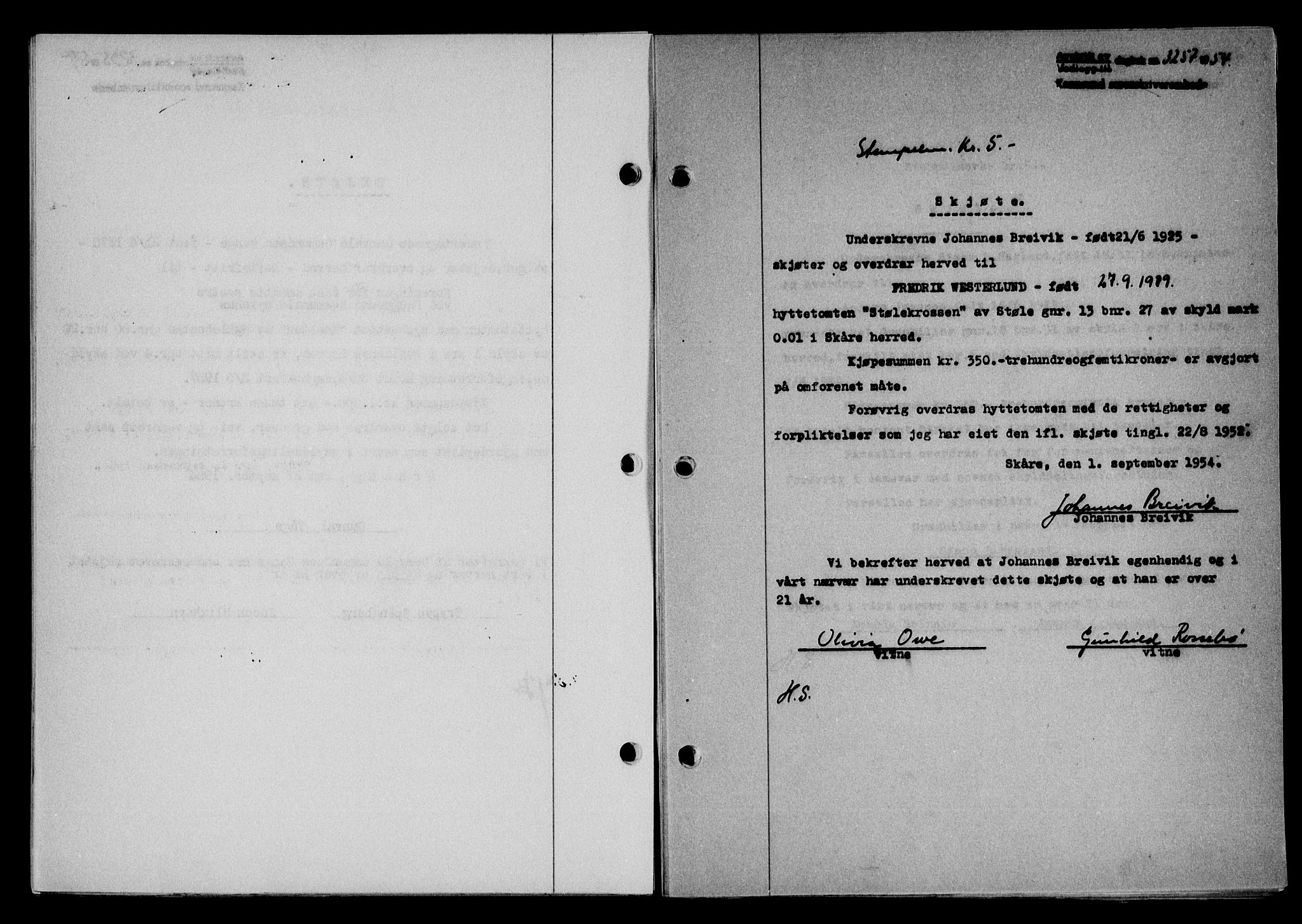 Karmsund sorenskriveri, SAST/A-100311/01/II/IIB/L0113: Pantebok nr. 93A, 1954-1954, Dagboknr: 3257/1954